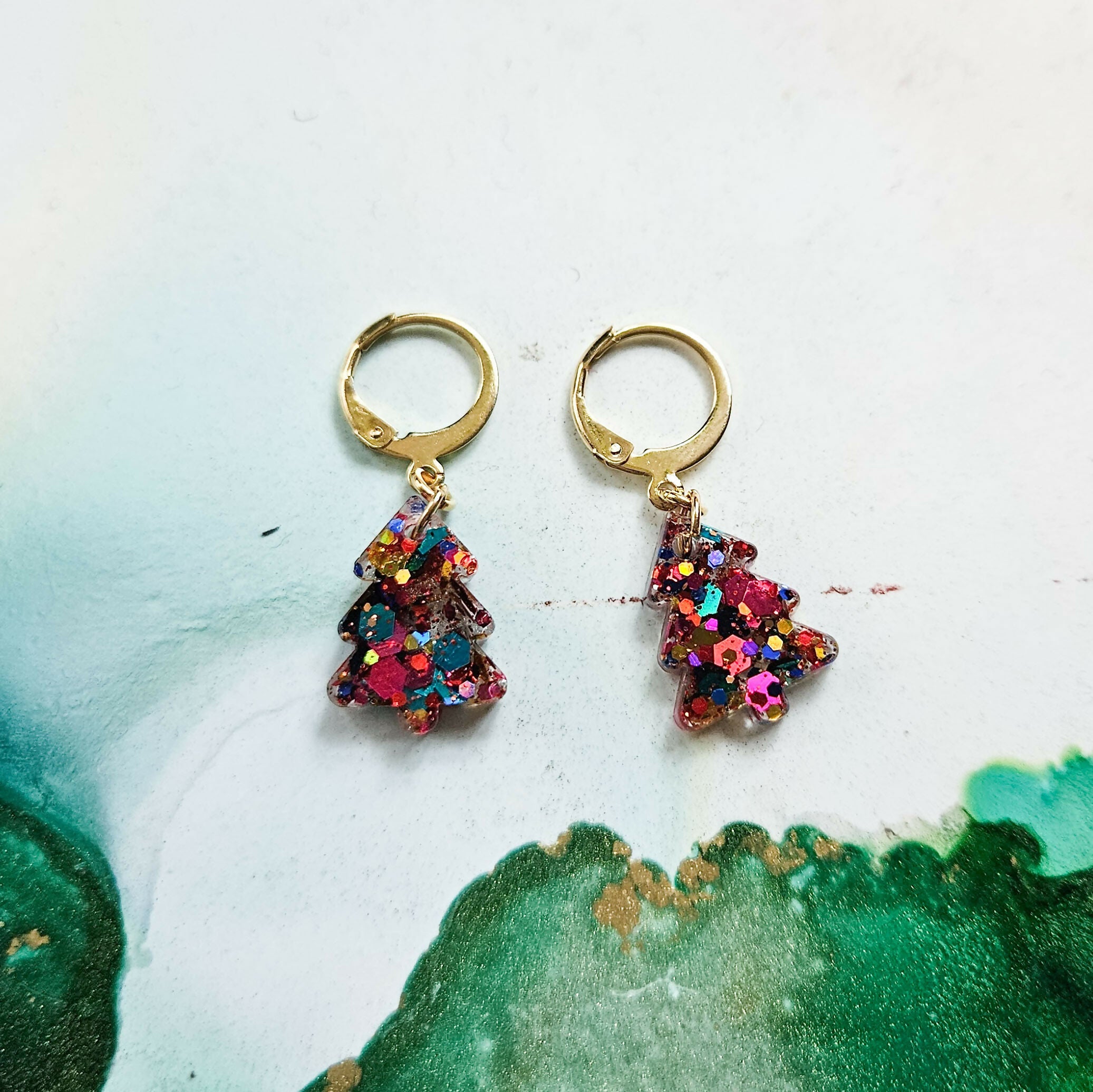 Handmade Christmas Trees Resin Huggie Hoops Silver Or Rainbow