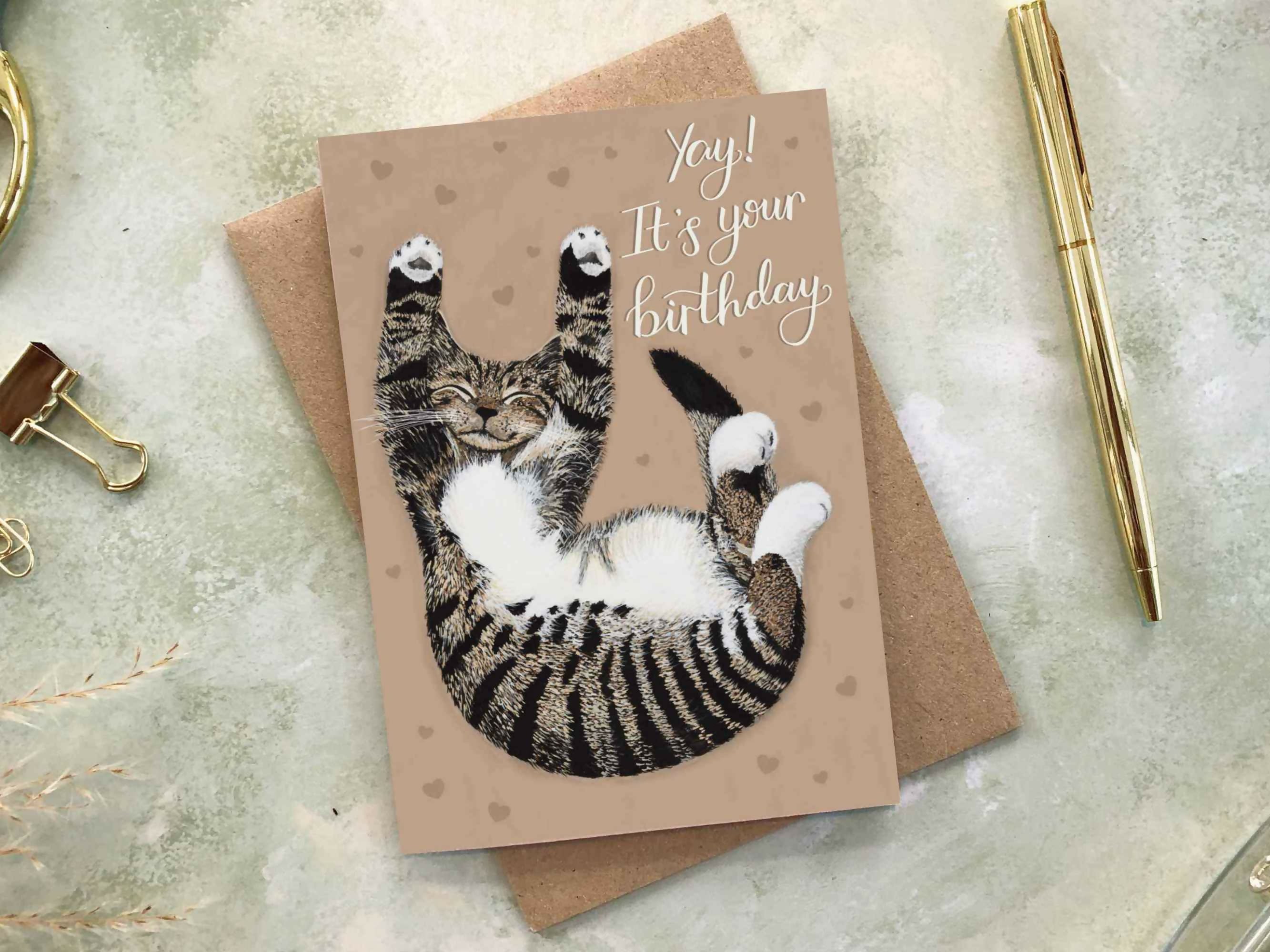 Tabby Cat Beige A6 Birthday Card