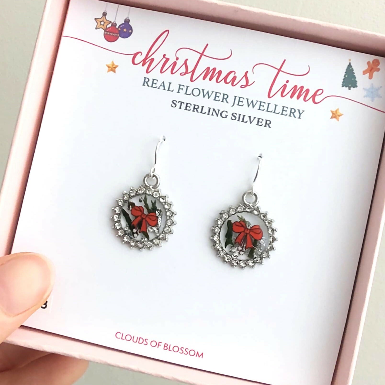 Real Christmas Tree Leaves Red Bow Earrings Sterling Silver