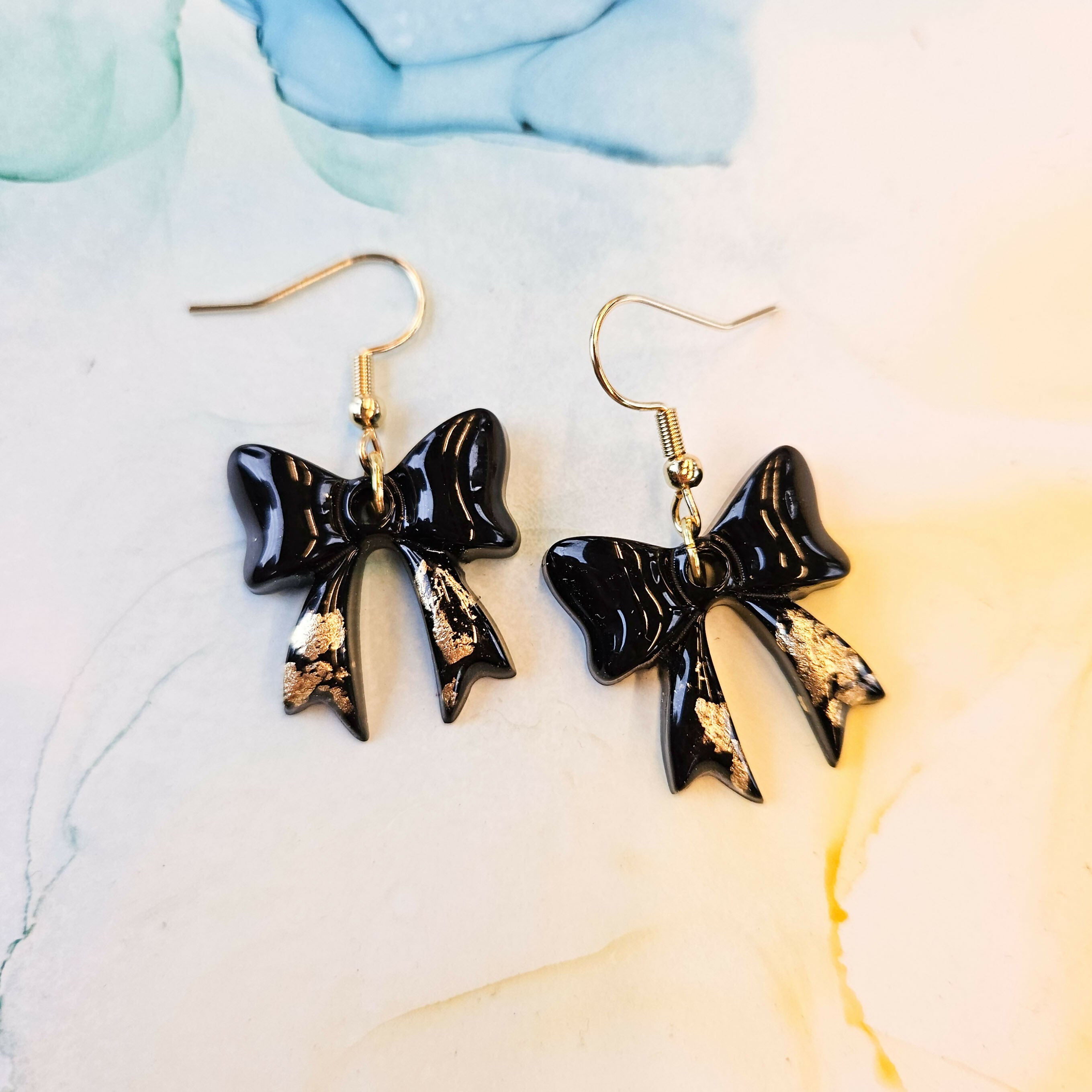Handmade Black And Gold Bow Resin Earrings