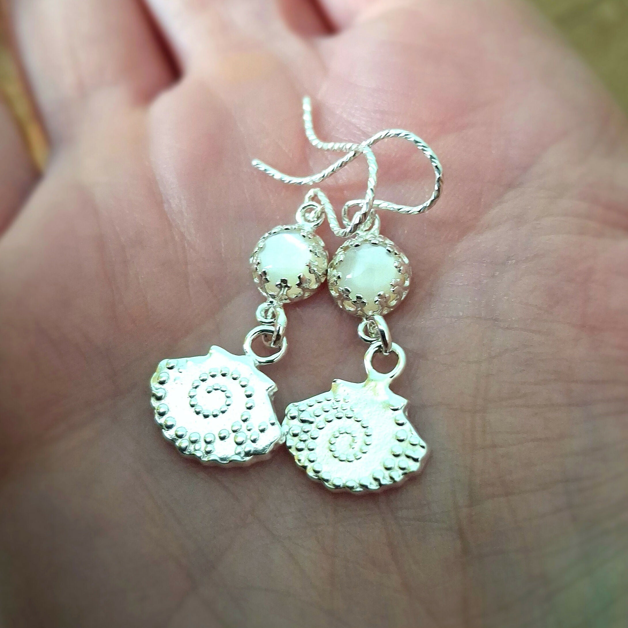 Handmade Dotted Silver Shell Earrings With Mother of Pearl