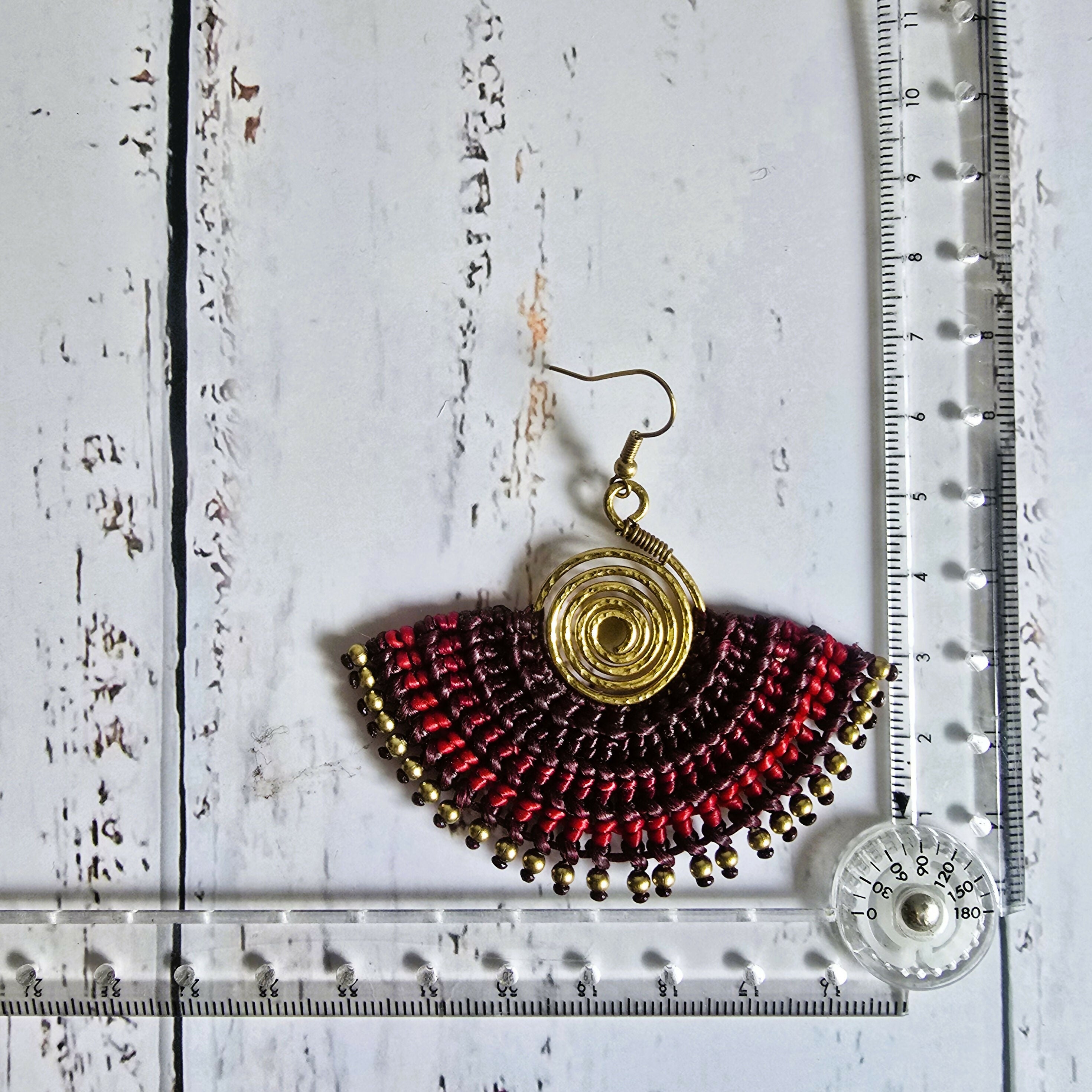 Red Macrame Fan Earrings; Statement Golden Spiral Wire-Art Thai Artisan Earrings