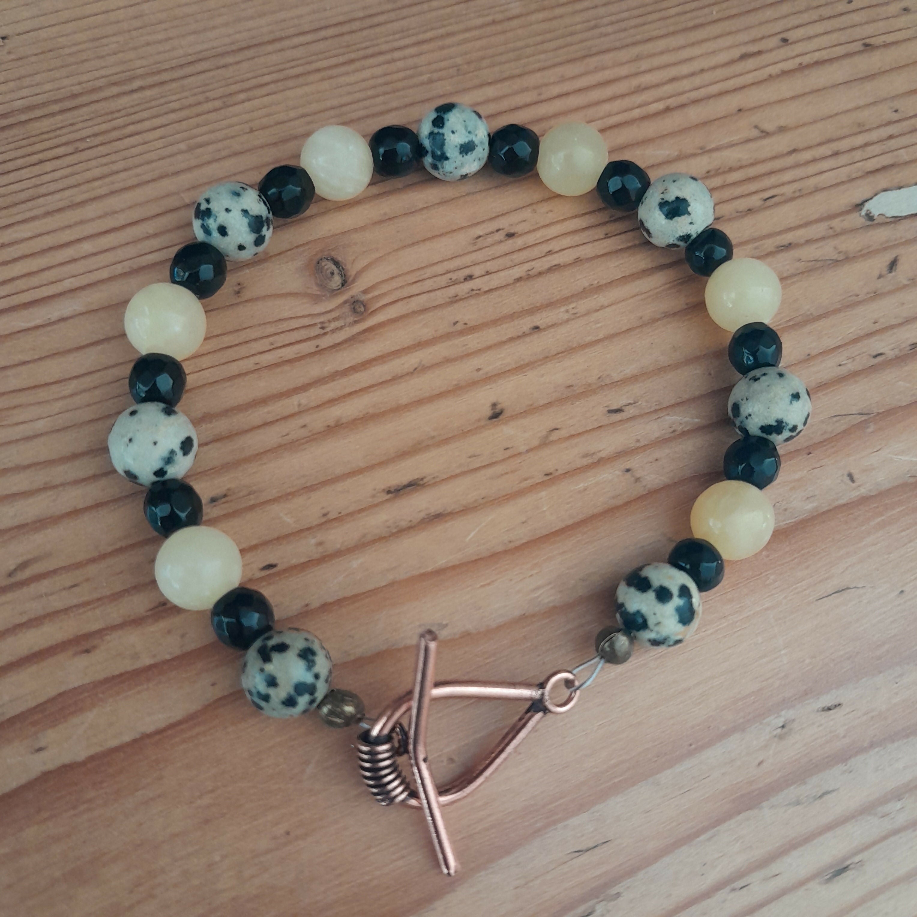 Pure Copper Toggle Bracelet with Dalmatian Jasper, Faceted Onyx and Lemon Agate
