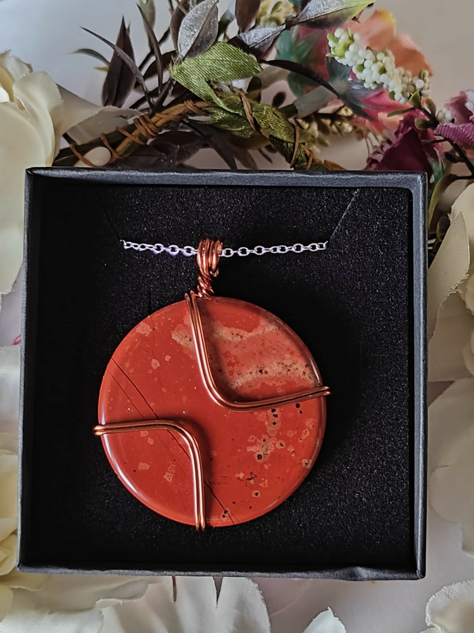 Red Jasper Wire Wrapped Crystal Disc Necklace on Sterling Silver Chain