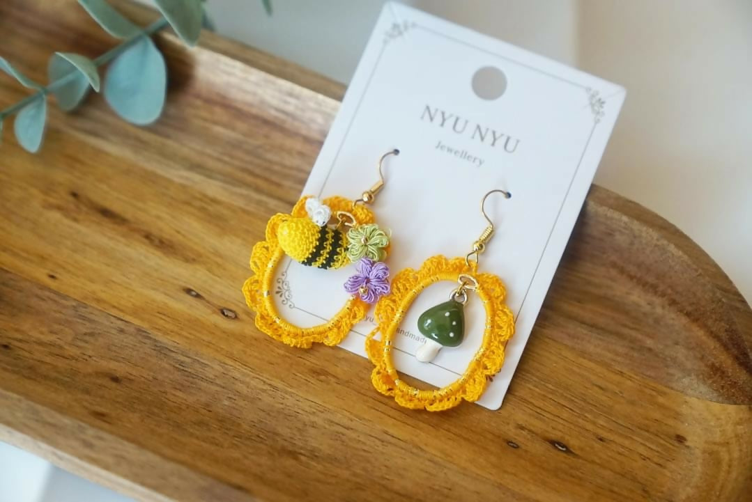 Handmade Micro Crochet Bee with Flower Mushroom Drop Earrings