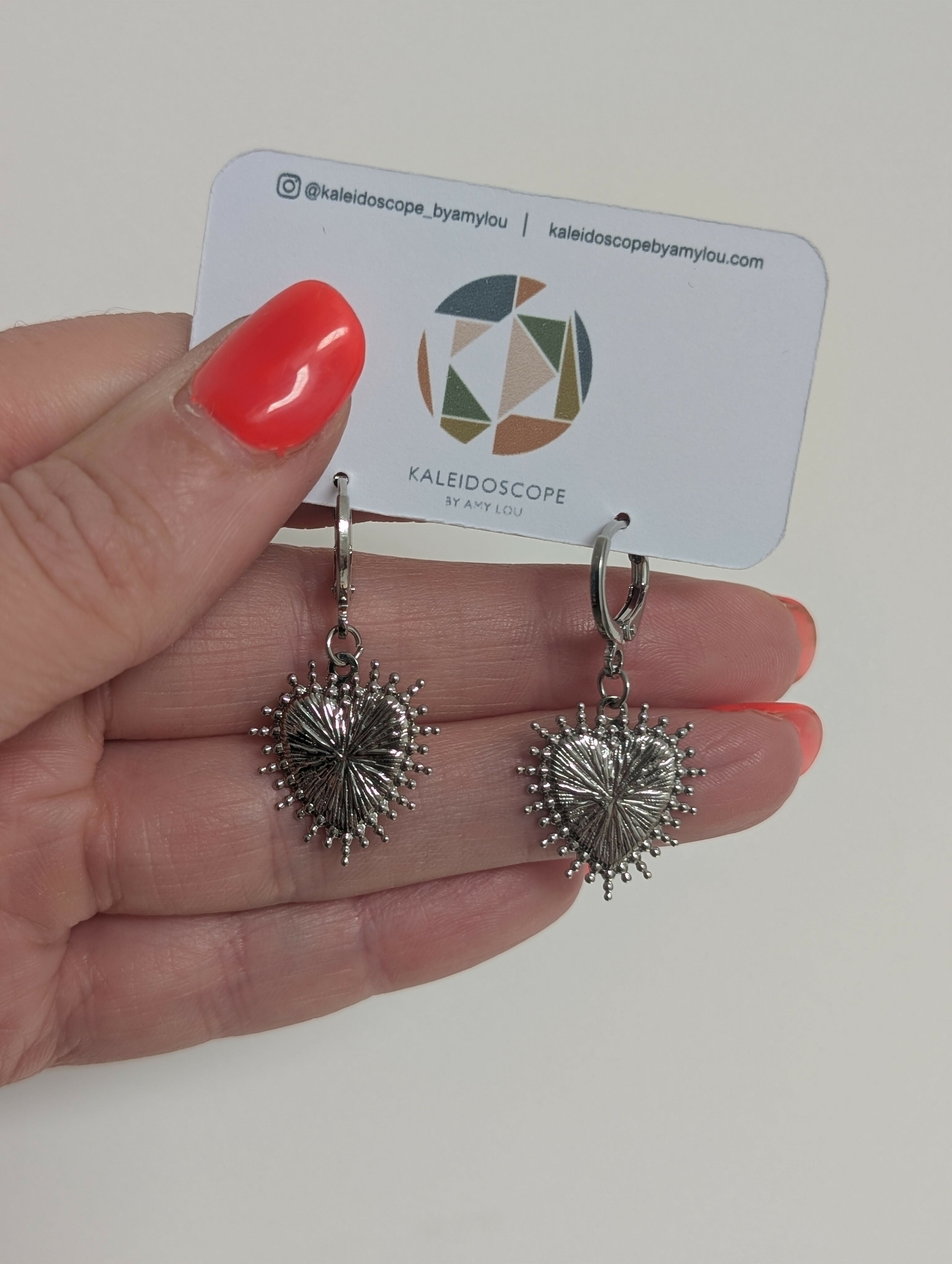 Ornate Heart Silver Plated Earrings on a Lever Back Huggie