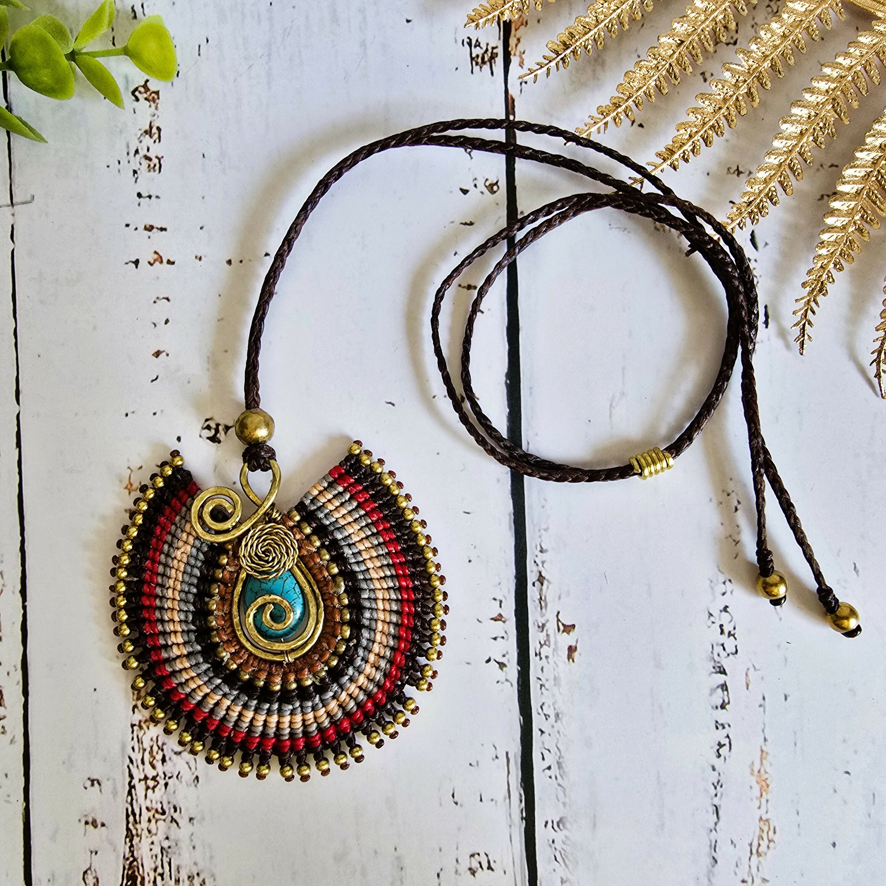 Turquoise Crystal Macramé Necklace; Regal Oval Bohemian Pendant with Gold Spiral Wire-Art