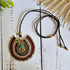 Turquoise Crystal Macramé Necklace; Regal Oval Bohemian Pendant with Gold Spiral Wire-Art