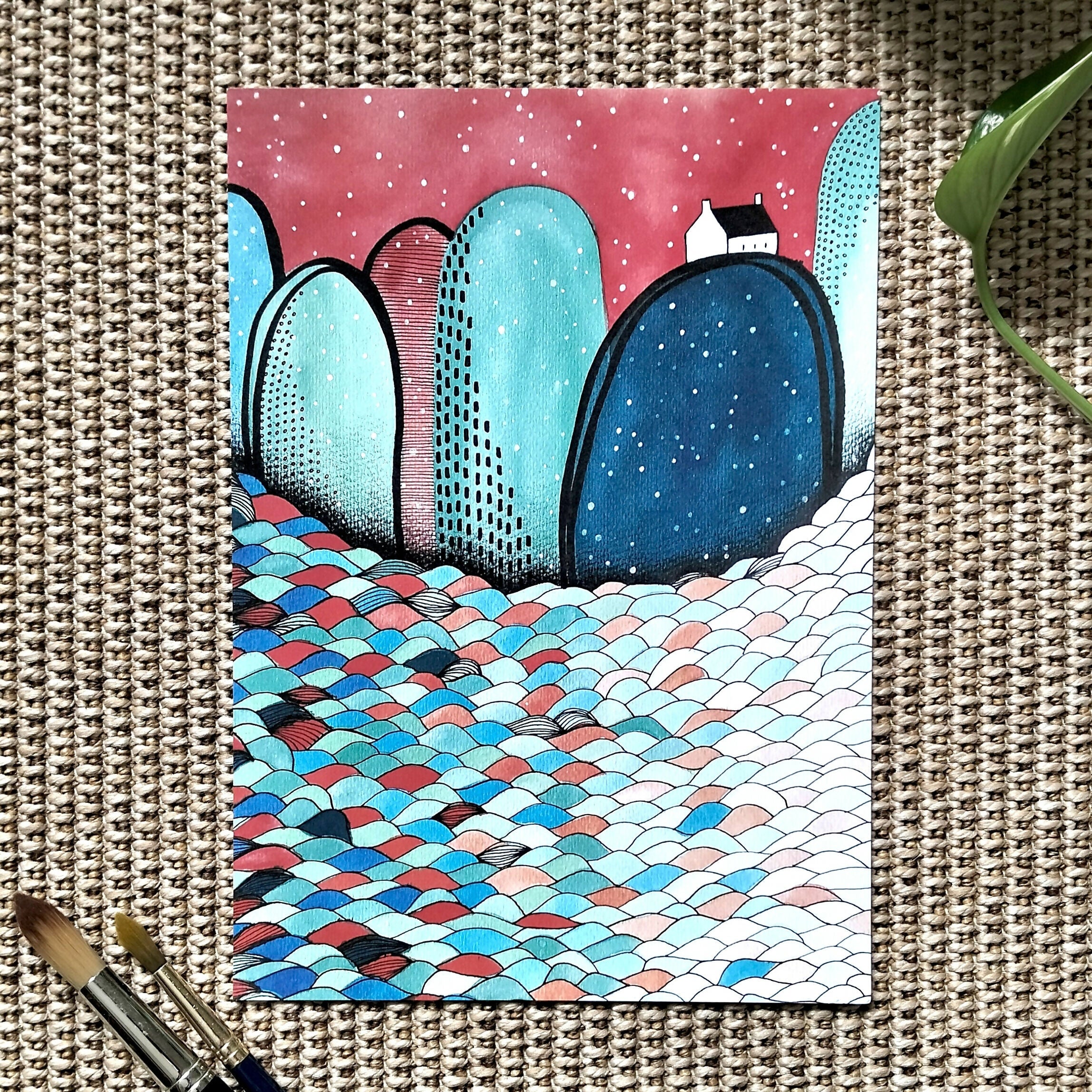 A4 Abstract Landscape Art Print | Cottage in the Snow