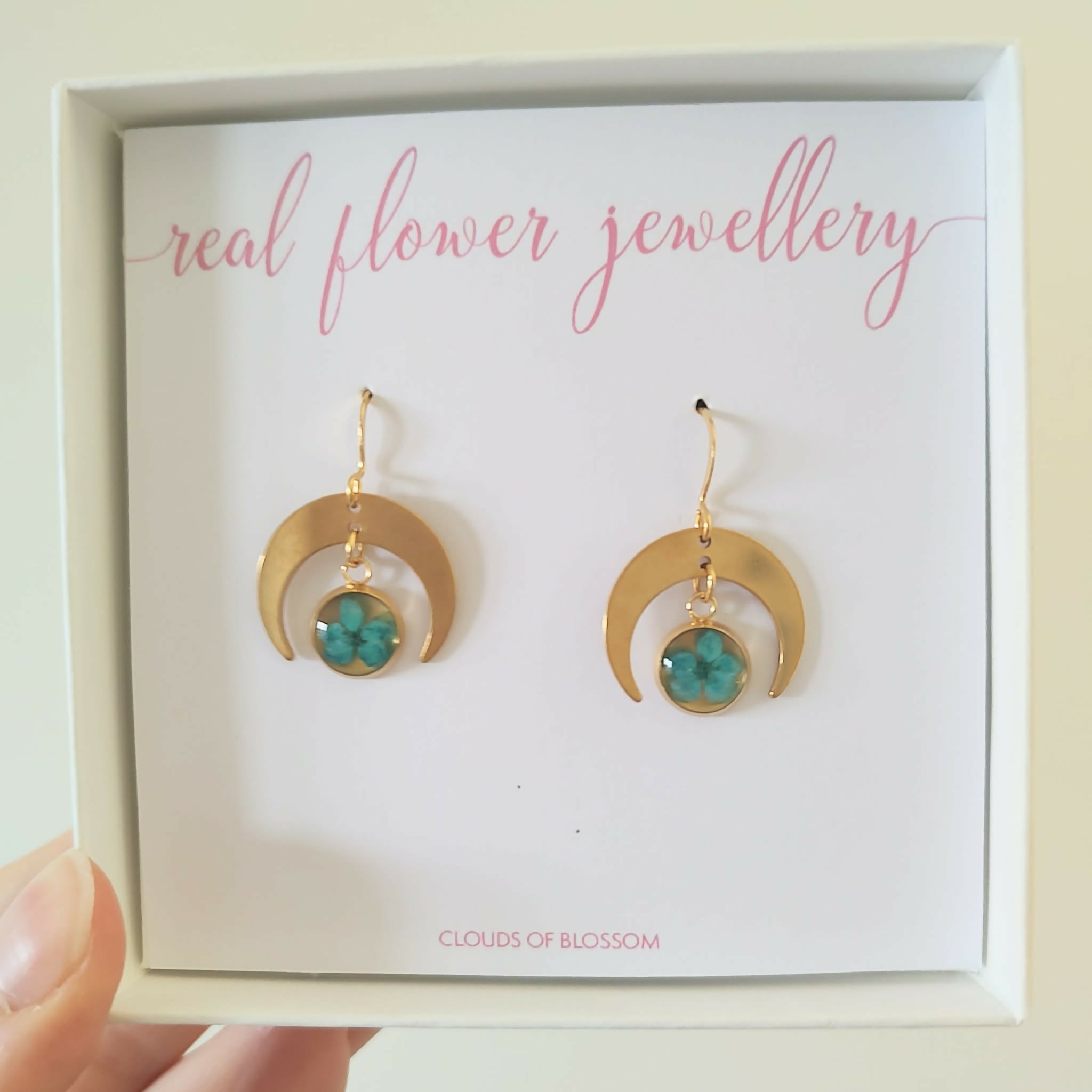 Turquoise Real Flower Moon Mirrored Circle Earrings Gold Plated