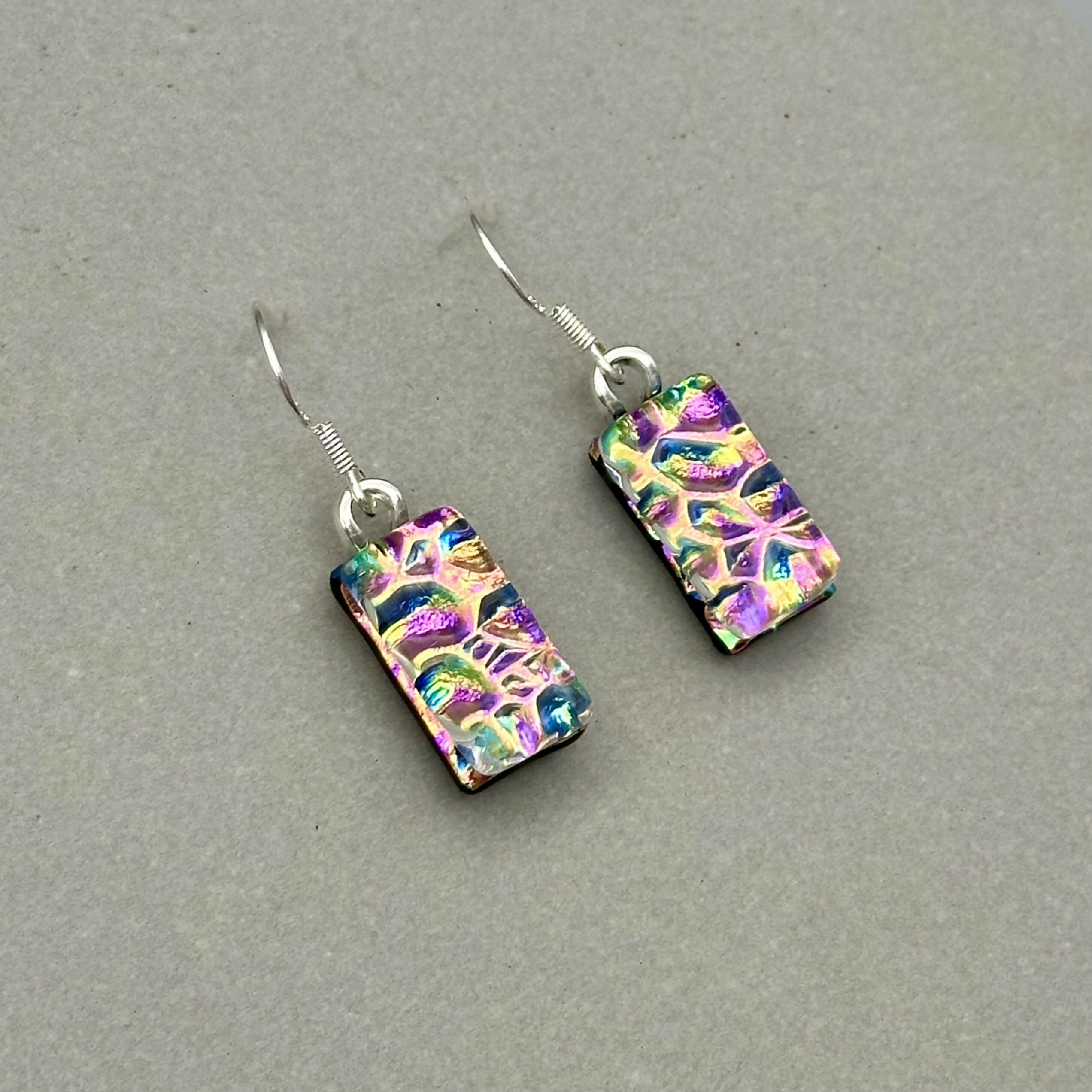 Pink Rainbow Raindrop Dichroic Glass Necklace and Earrings Set - Sterling Silver, Handmade by Jade Tapson Glass