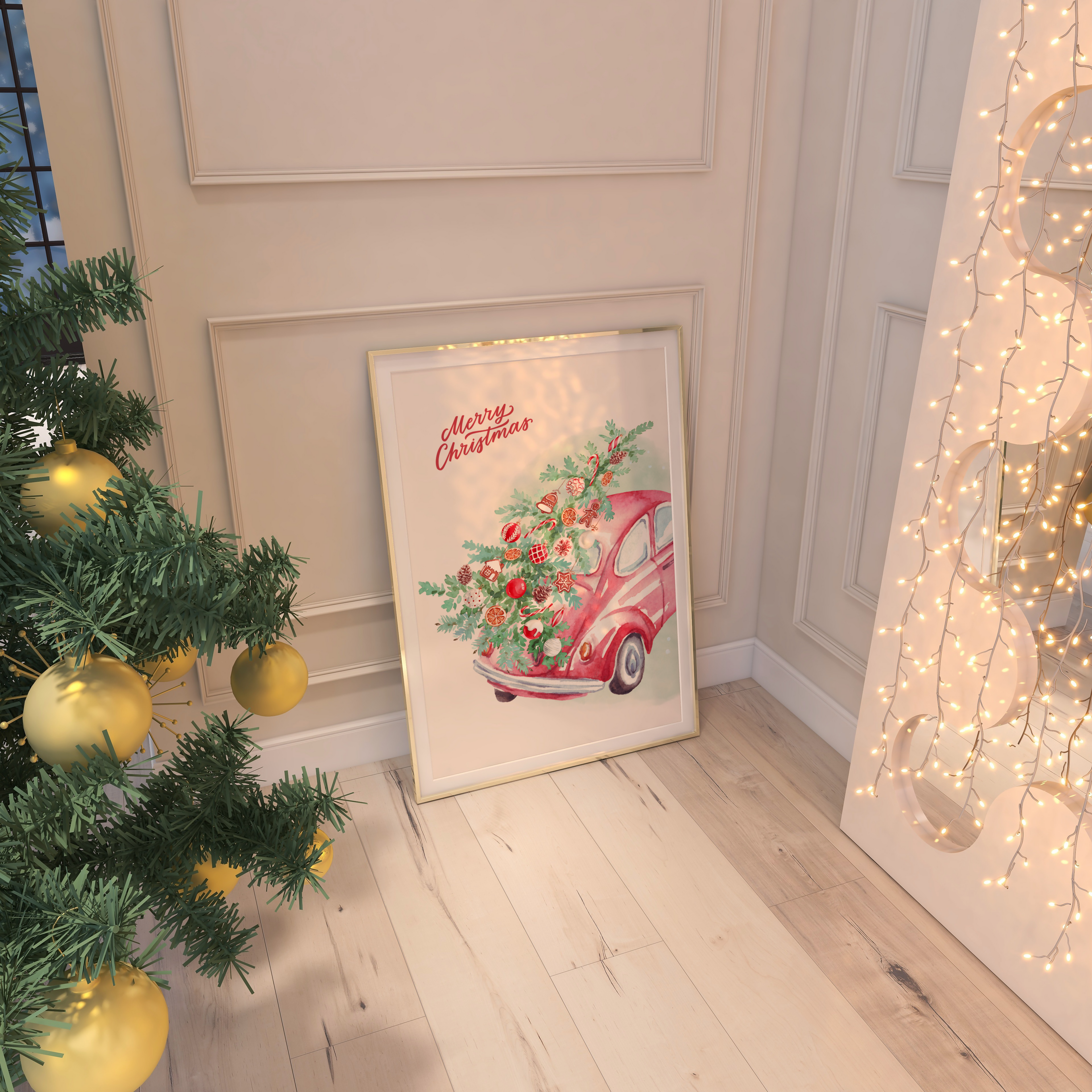 MERRY CHRISTMAS CAR WALL ART PRINT