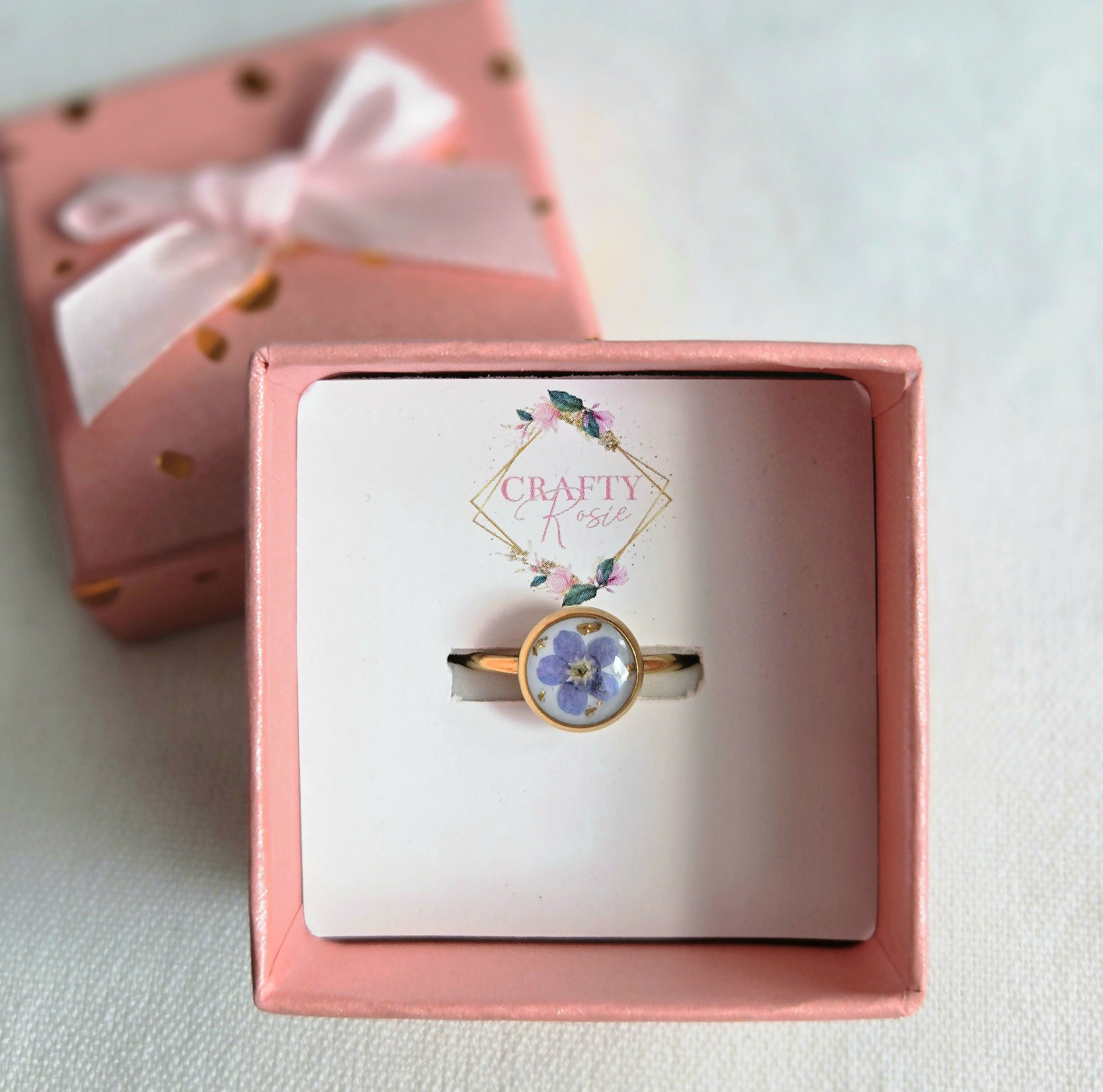 Stainless Steel Real Dried Forget Me Not Flower Ring