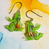 Handmade Resin Green Frogs With Encased Dried Flowers Drop Earrings