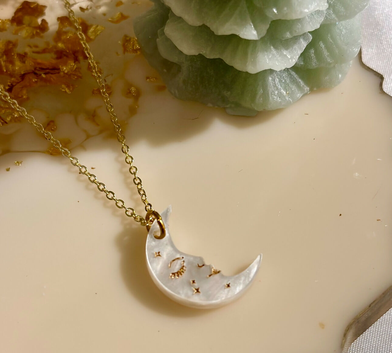 Celestial, Pearlised Crescent Moon Face Necklace