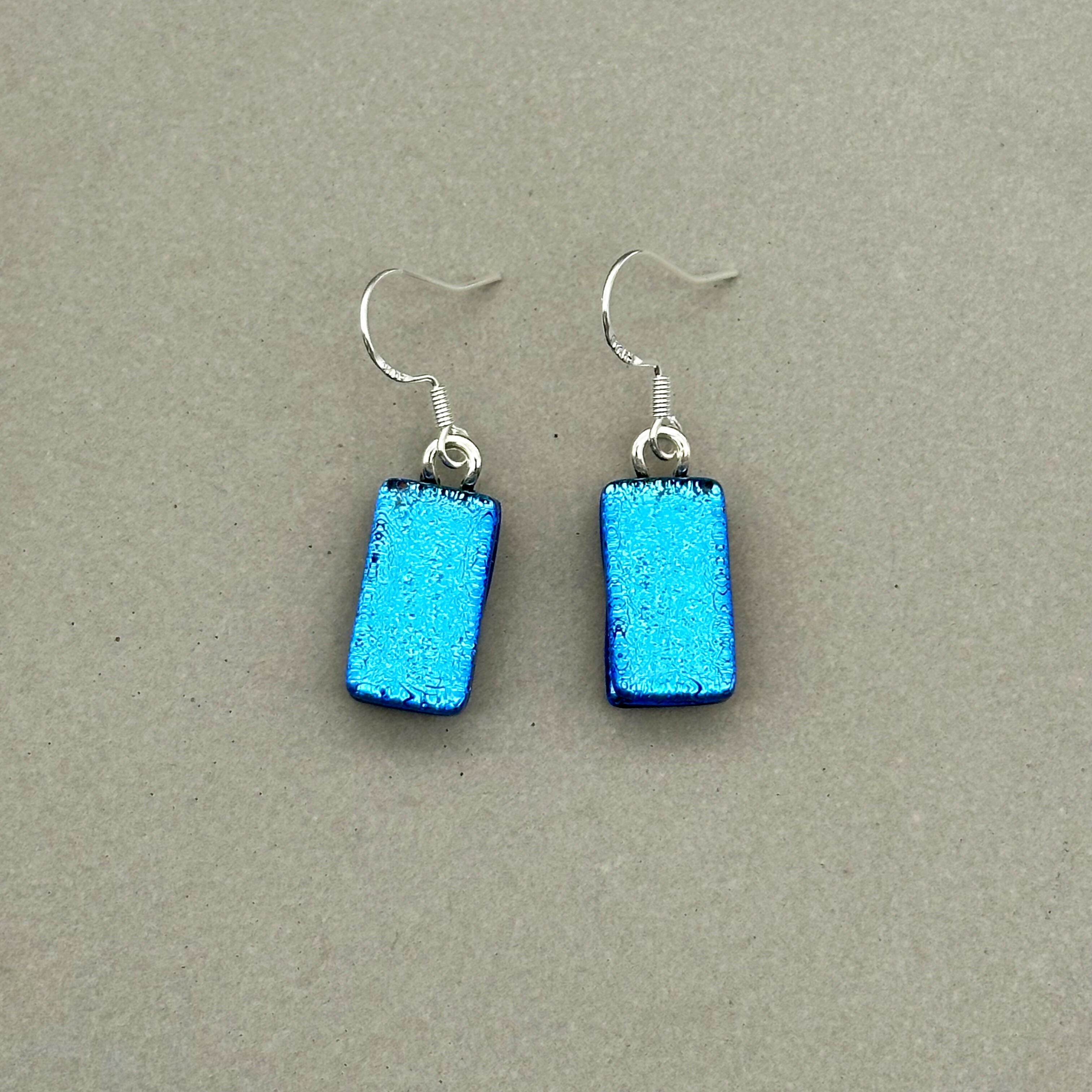 Light Blue Dichroic Fused Glass Dangle Sterling Silver Earrings - Handmade by Jade Tapson Glass.