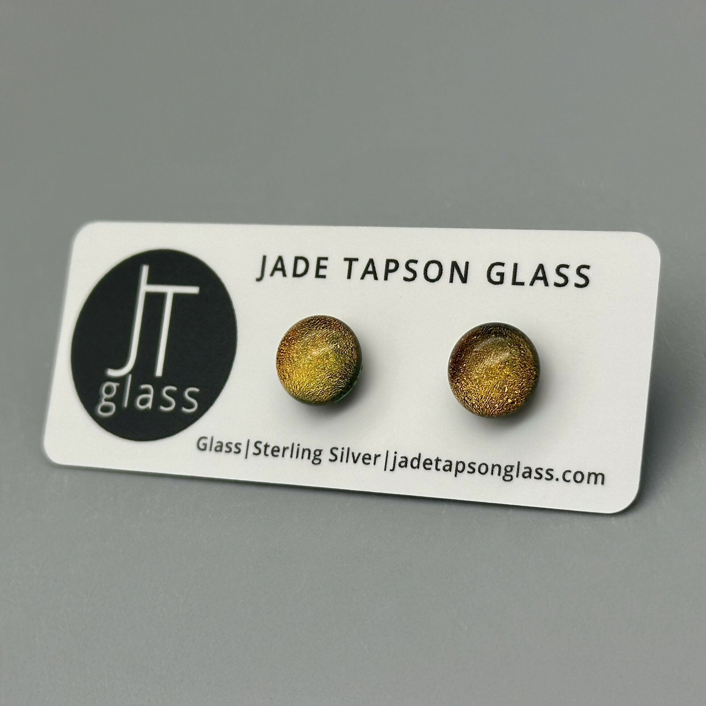 Orange Dichroic Fused Glass Sterling Silver Stud Earrings - Handmade by Jade Tapson Glass.