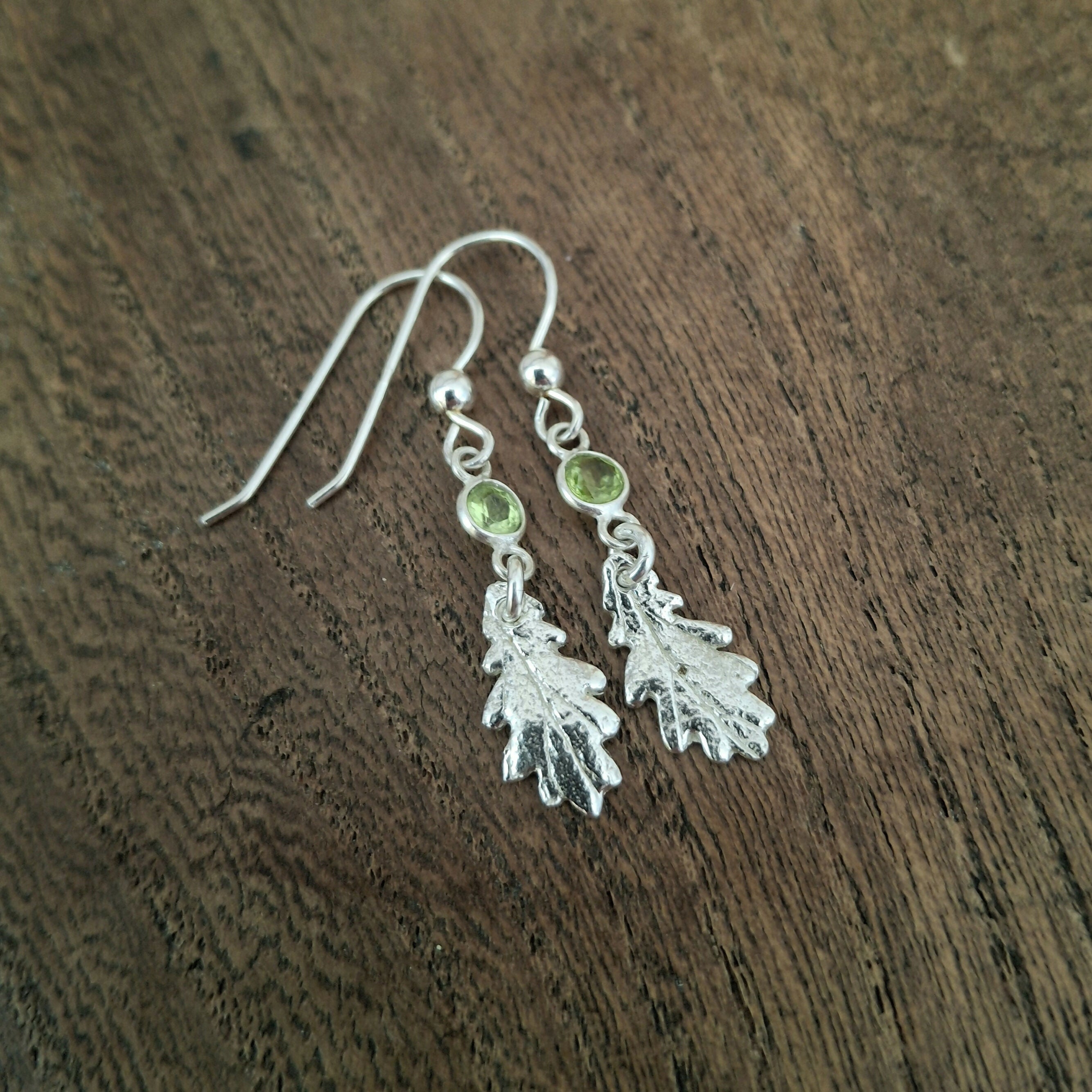 Handmade Silver Oak Leaf Earrings With Peridot Stones