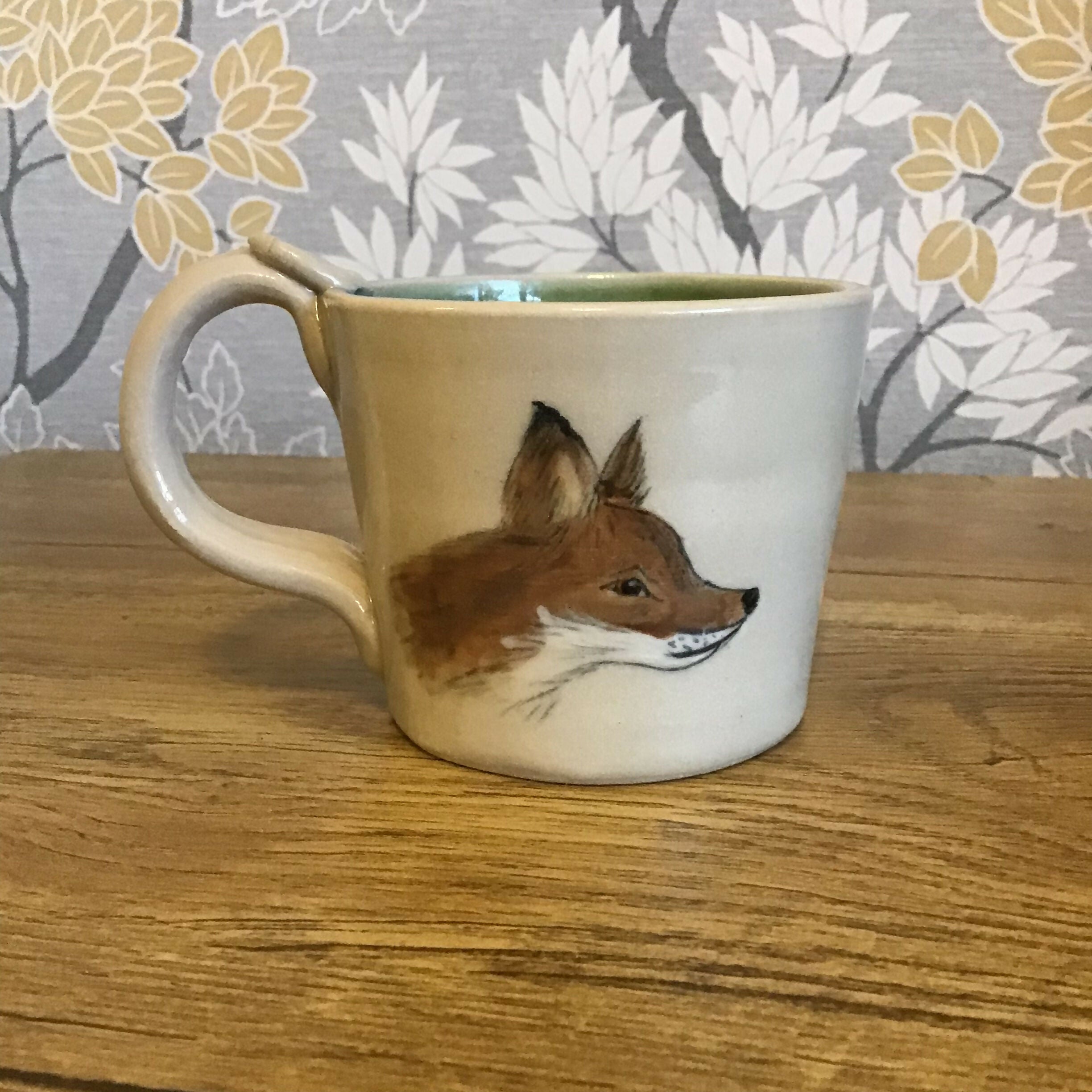 Handpainted Animal Mug Green/ cream /brown