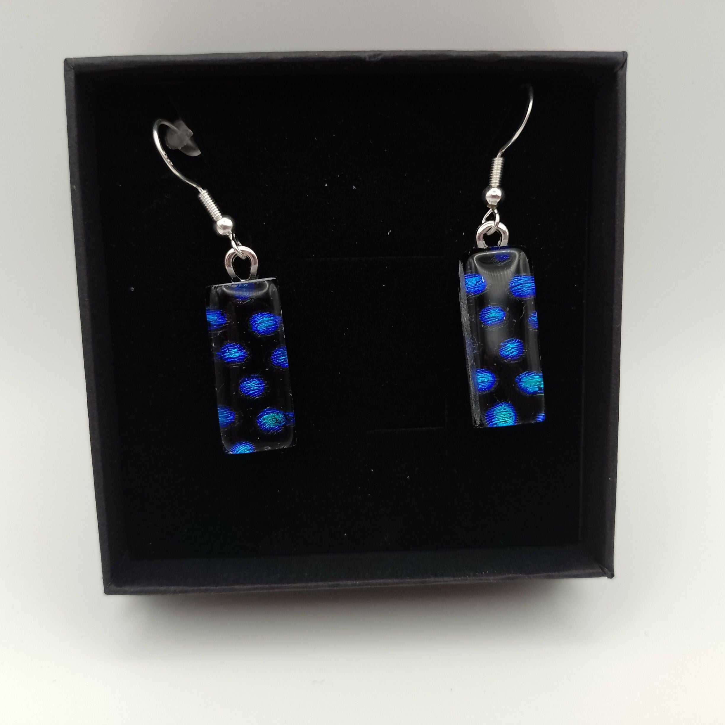Black with Blue Spot Dichroic Glass Earrings