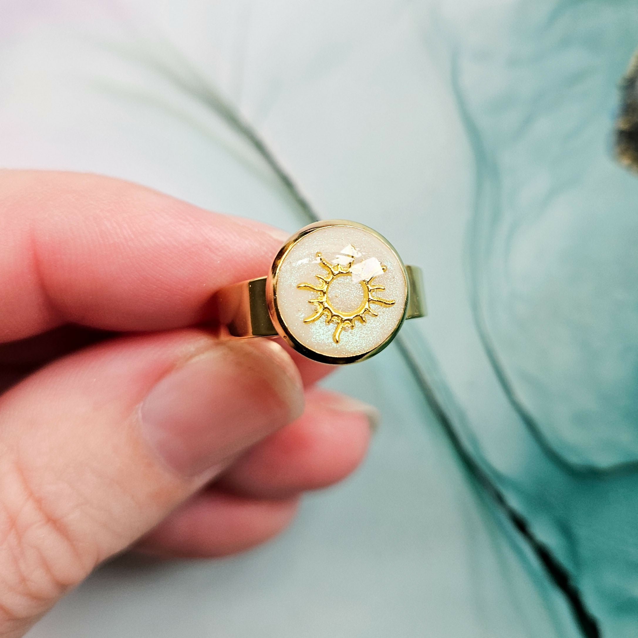 Handmade White And Gold Sun Ring, Resin And Stainless Steel