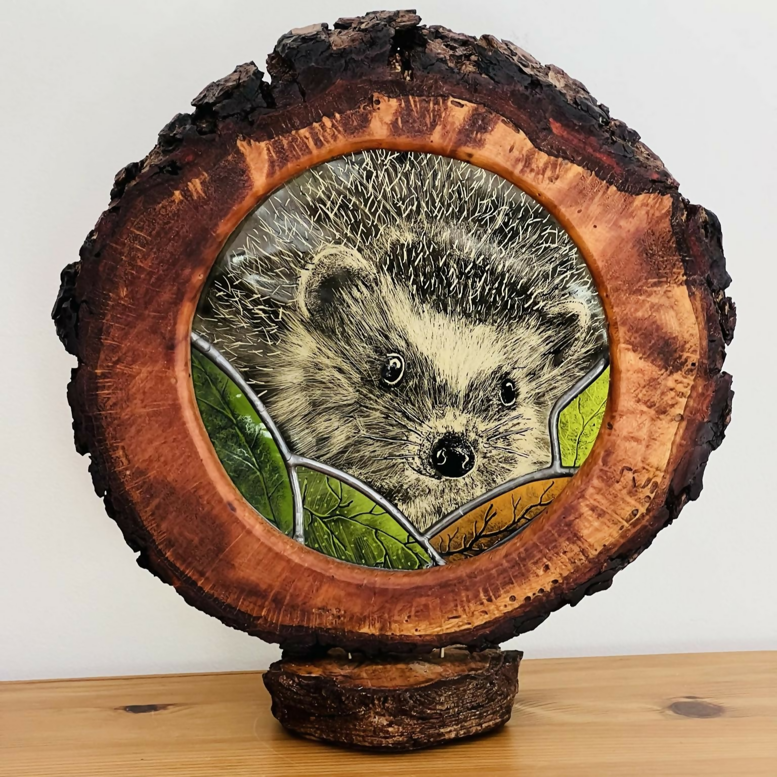 Hand Painted Stained Glass Forest Creatures in Wood Log