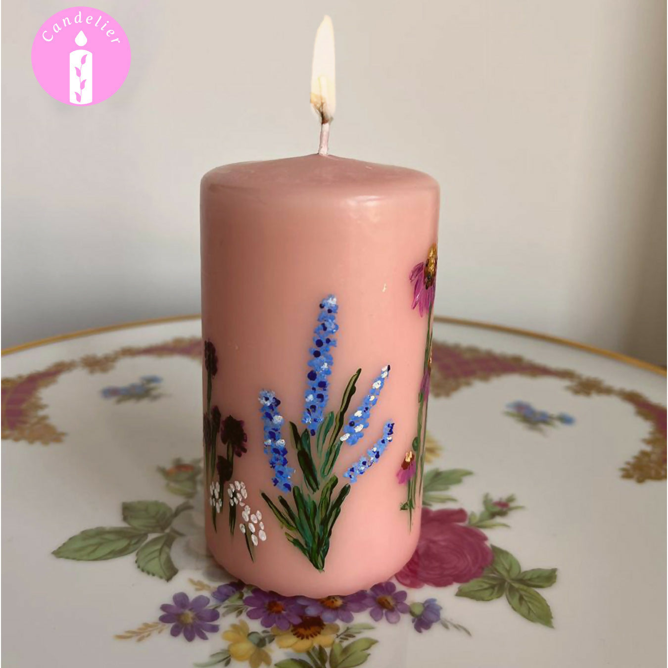 Wild Flowers Hand Painted Pink Candle