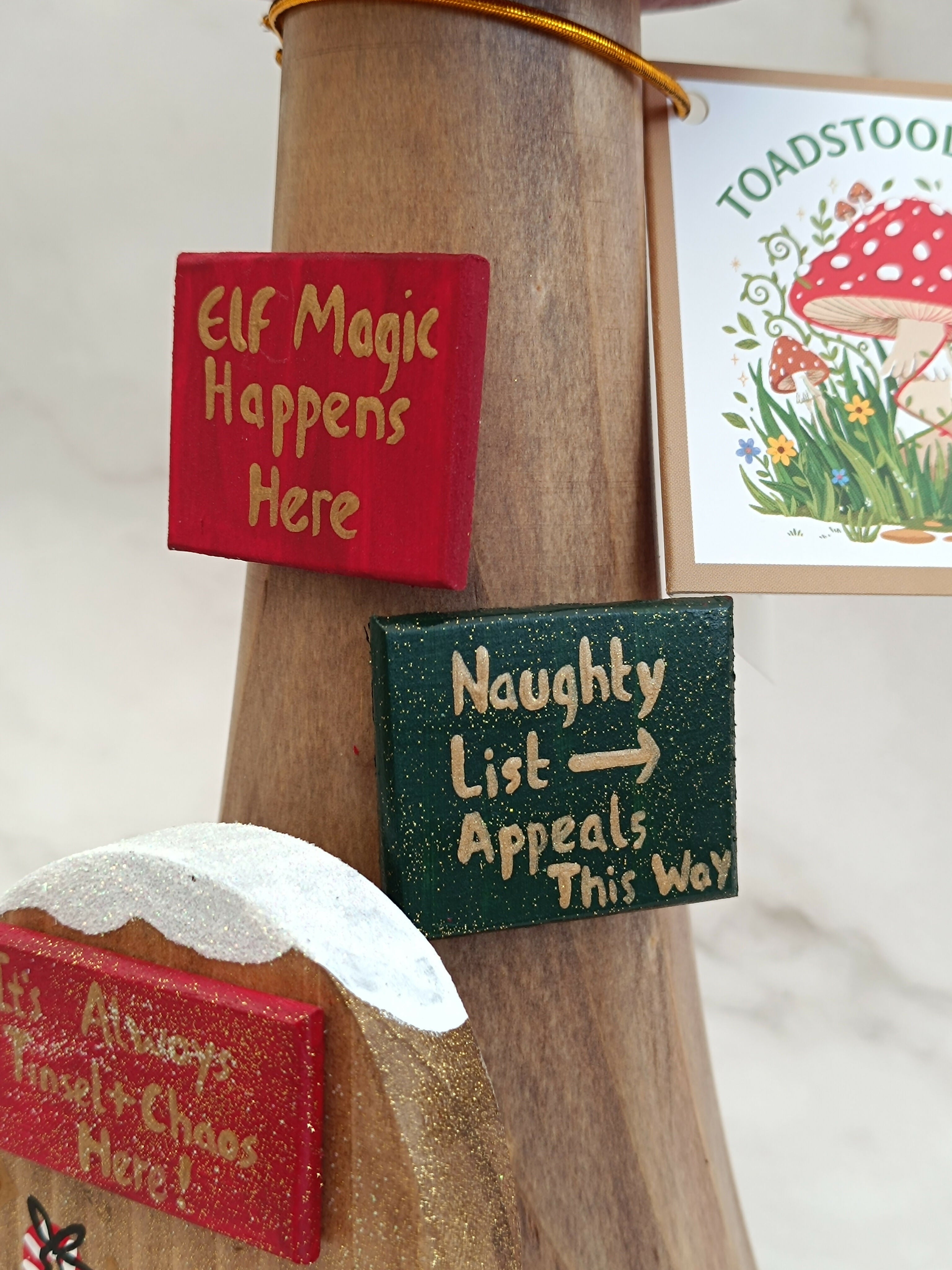 30cm Red Handmade, Free Standing Painted Wooden Bell Shaped Topped Toadstool Elf House - Whimsical Woodland Ornament & Holiday Keepsake