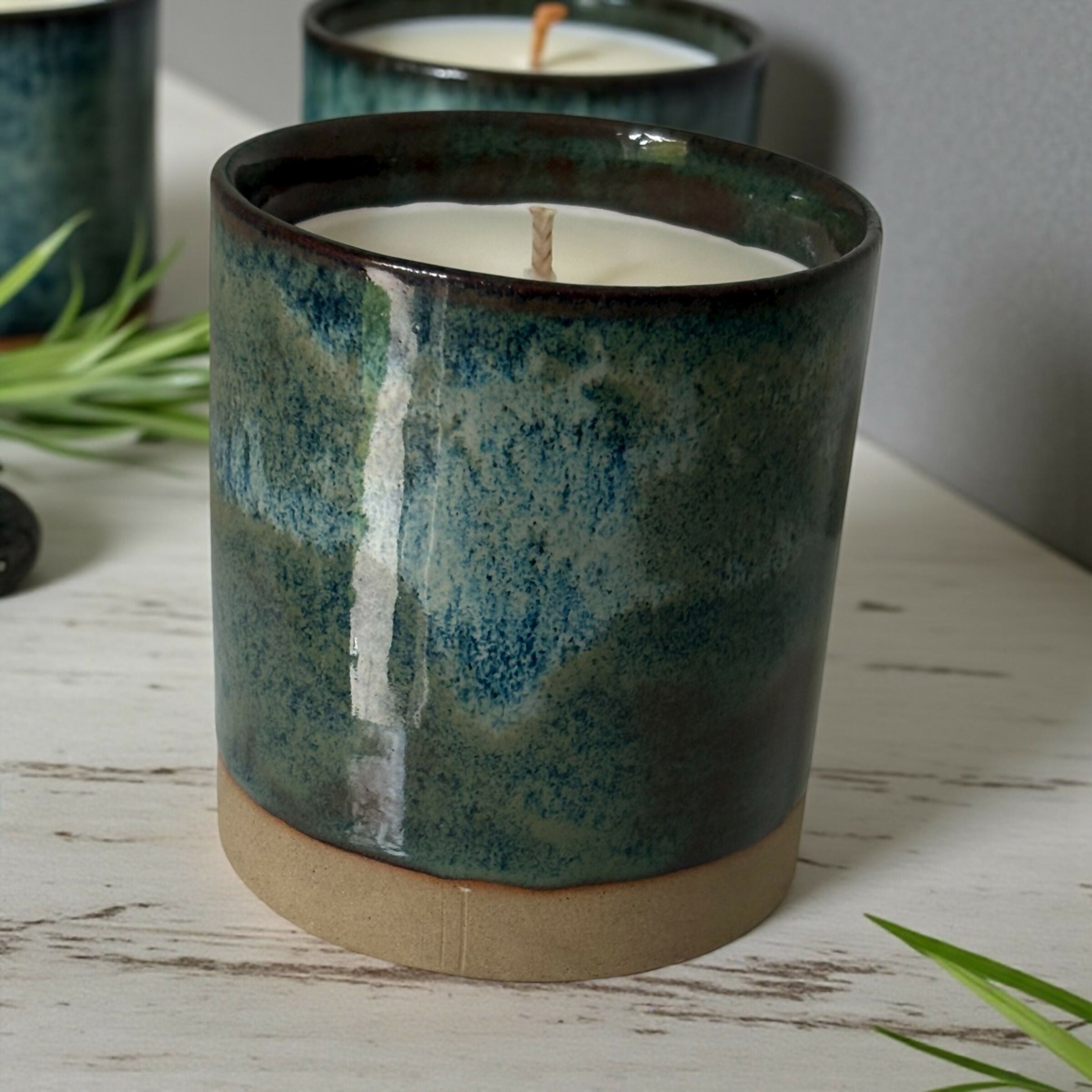 Blue, Green, Brown Stoneware Refillable Candle Pot & Candle Refill