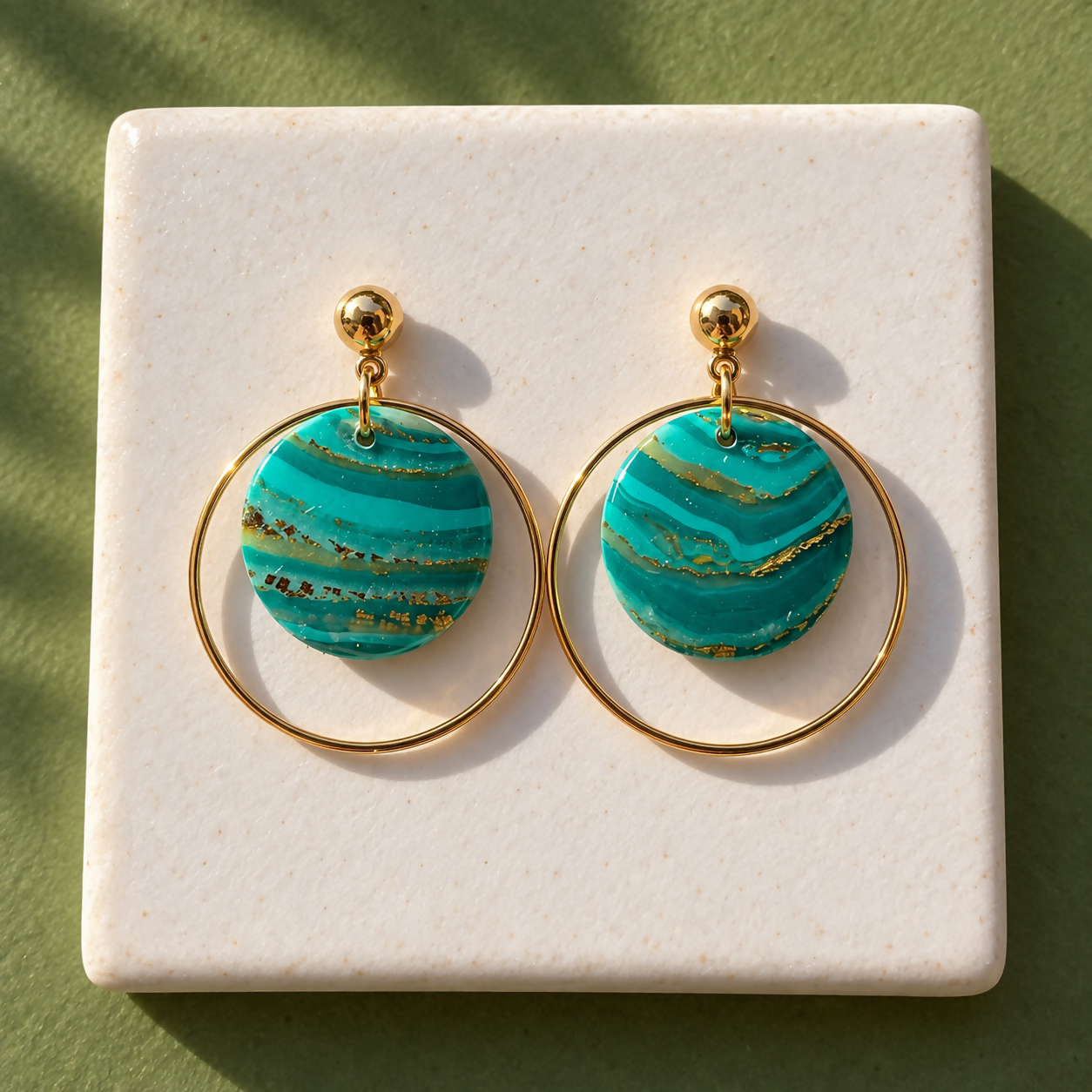Jessie Teal Marble Effect Polymer Clay Gold Hoop Statement Earrings
