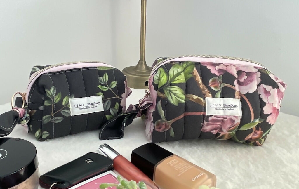 Black Quilted Toiletry Bag with Zipper Handmade in UK