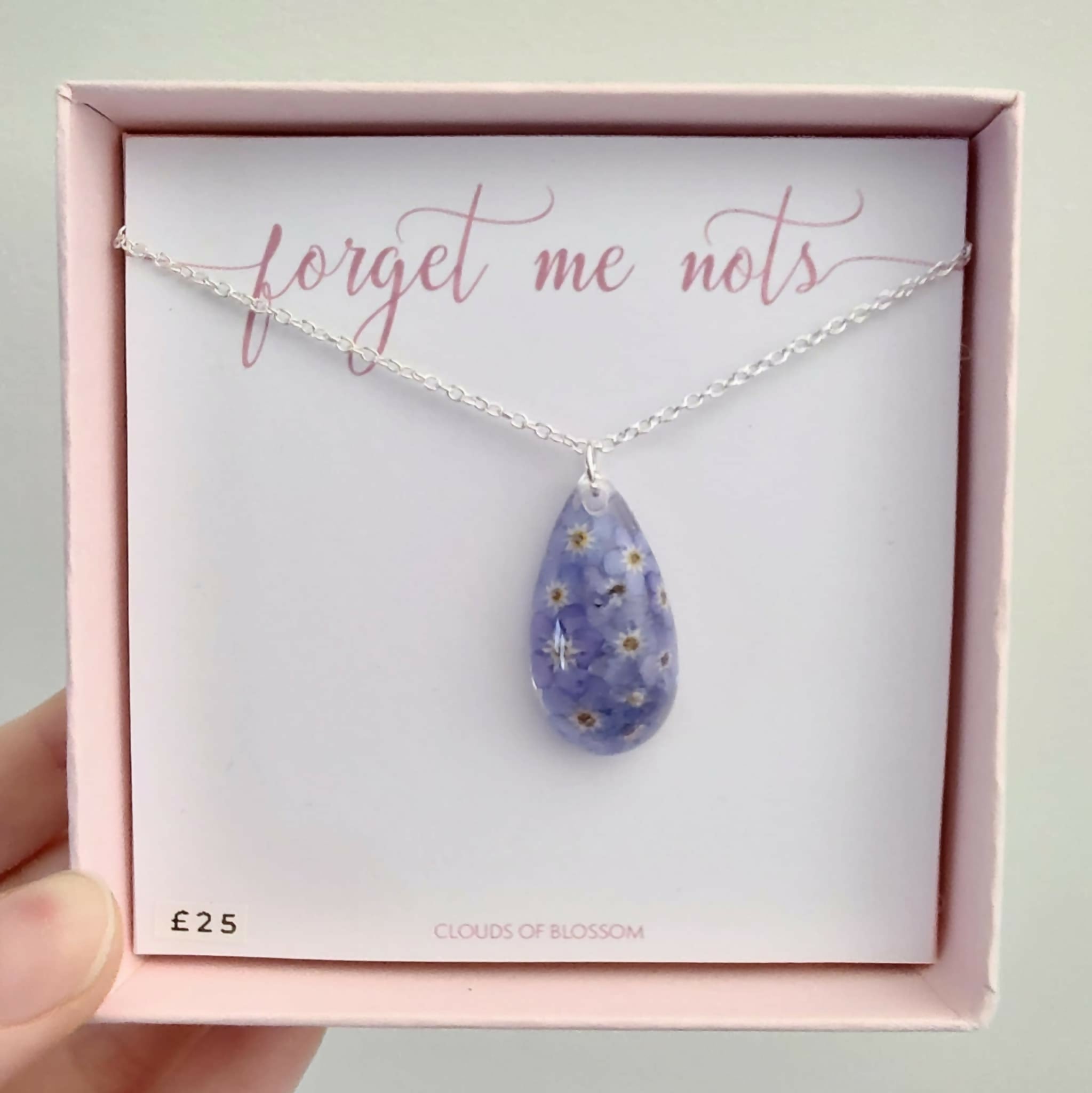 Pressed Forget Me Not 3D Chucky Teardrop Necklace Silver Plated