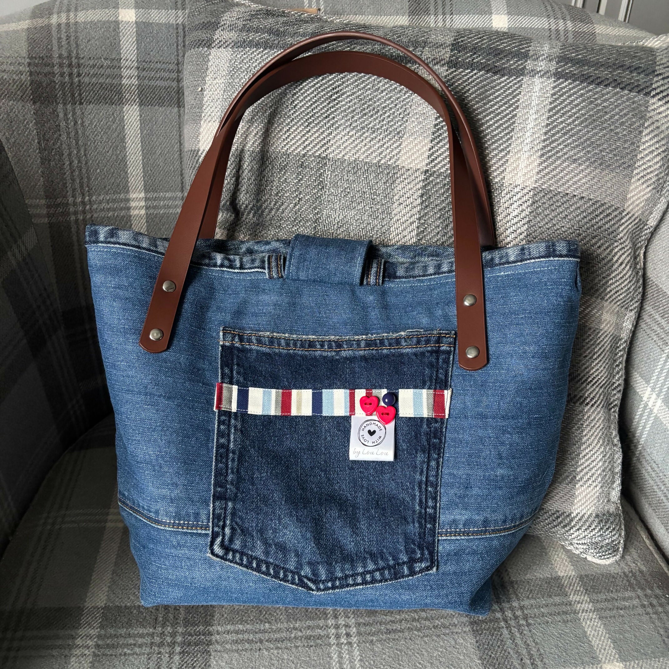Unique Handcrafted Structured Denim Tote Shopping Bag Handbag Made From Upcycled Jeans