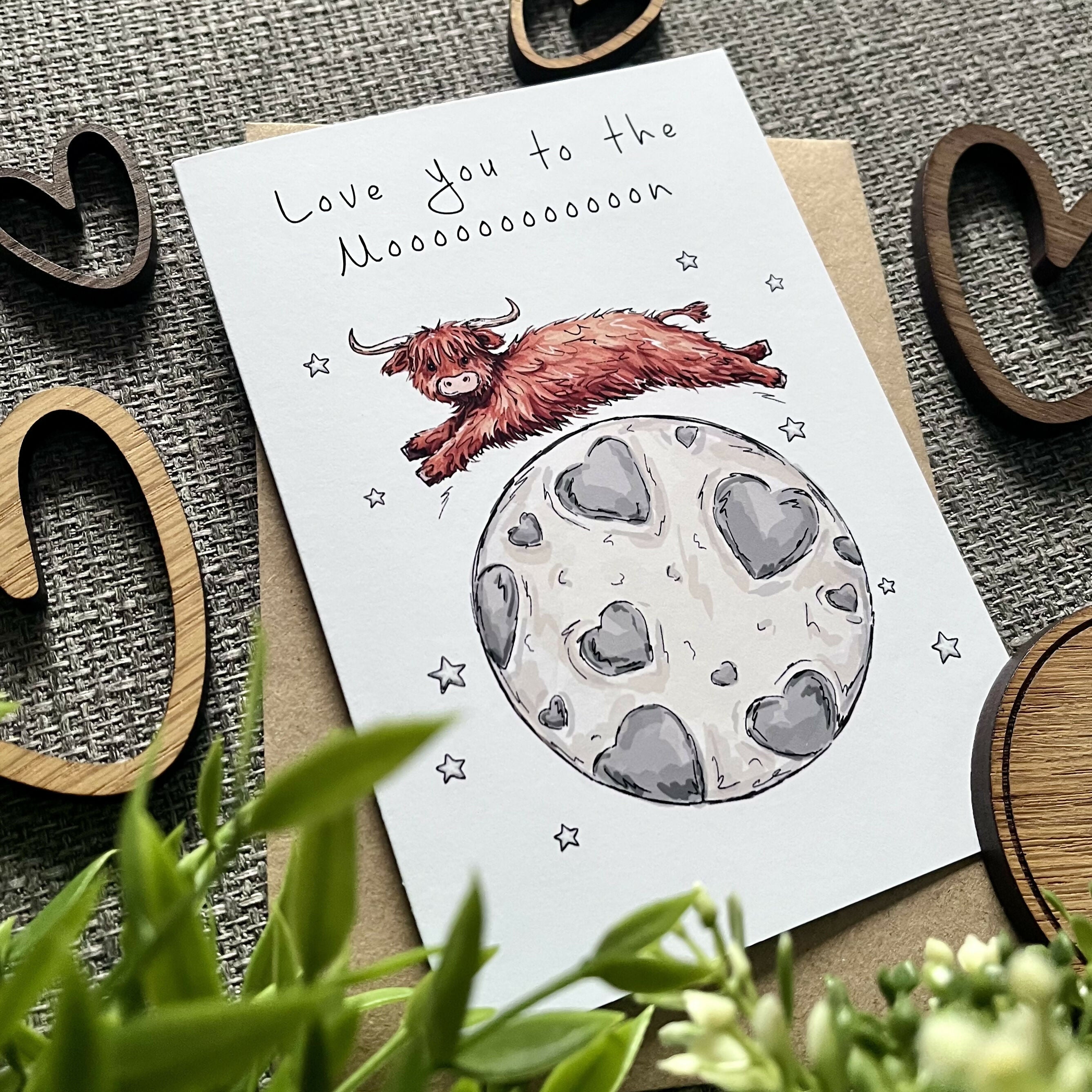 Love You to the Moooon Highland Cow Card