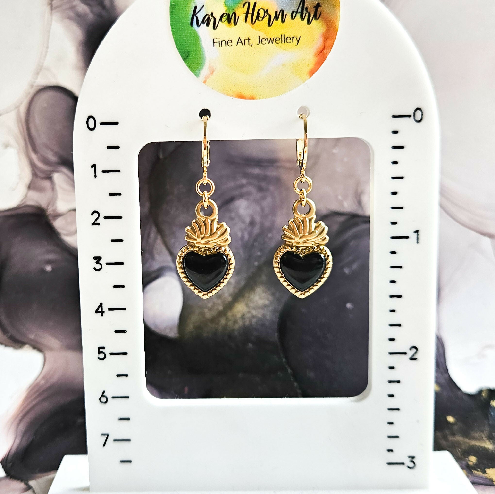 Handmade Black And Gold Sacred Hearts Resin Charms On Huggie Hoops