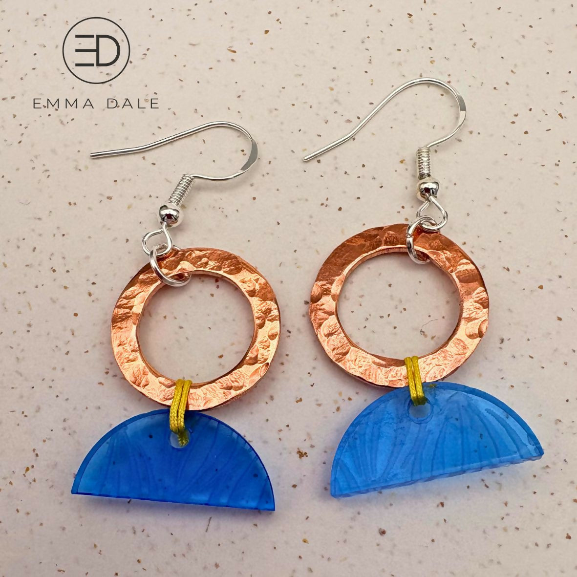 Blue Acrylic & Hand-Hammered Copper Semi-Circle Earrings