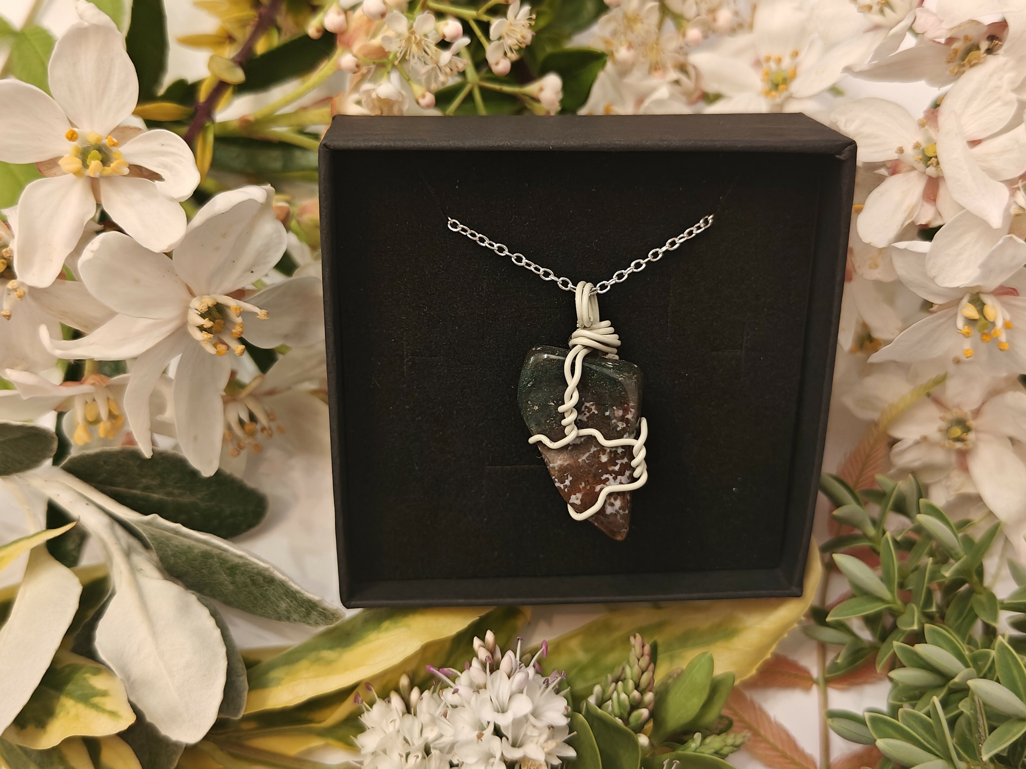Jasper Wire Wrapped Crystal Necklace on Sterling Silver Chain