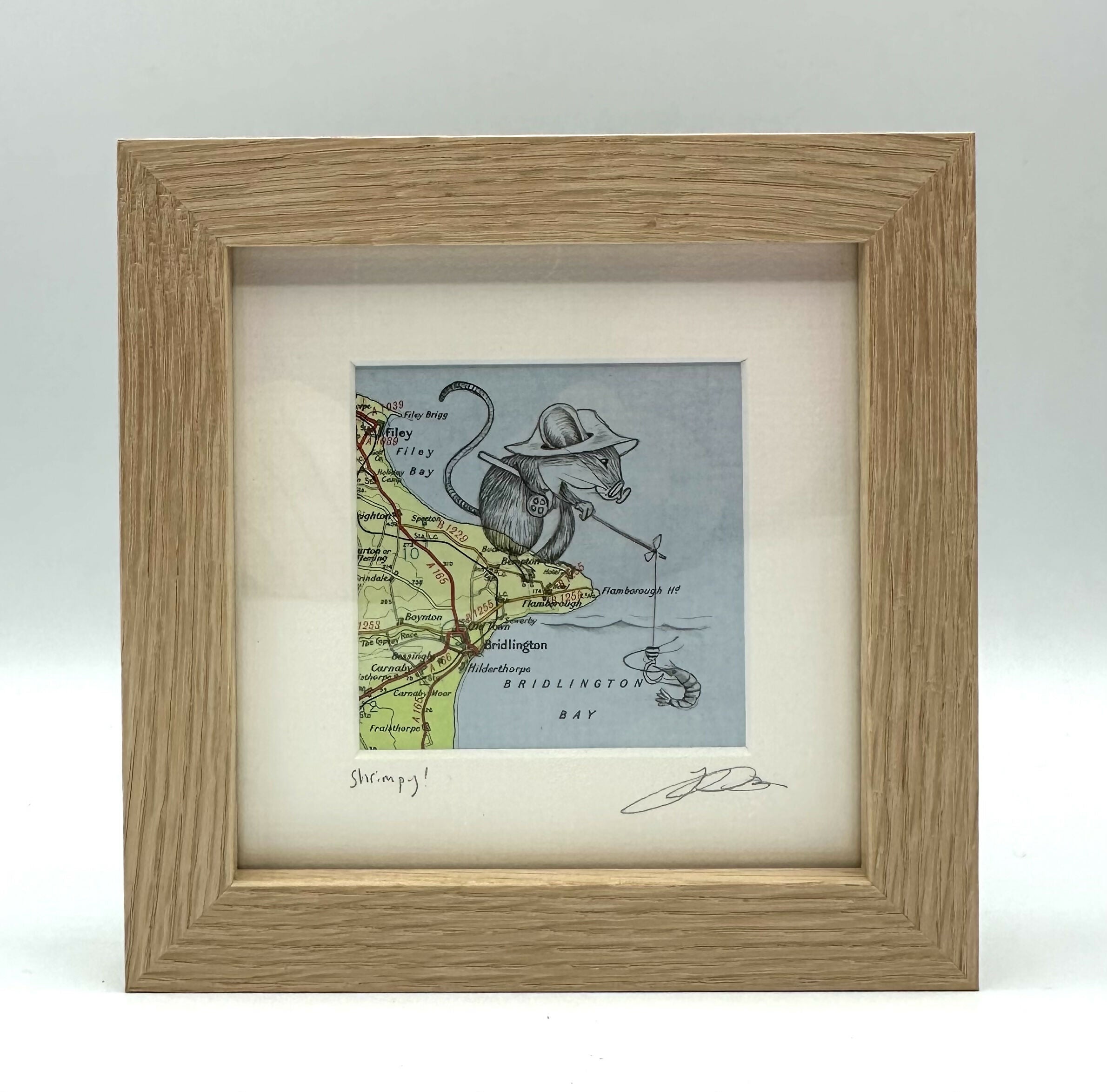 Shrimpy! - Original Pen Drawing on Vintage Map (FLAMBOROUGH) by Jenny Davies