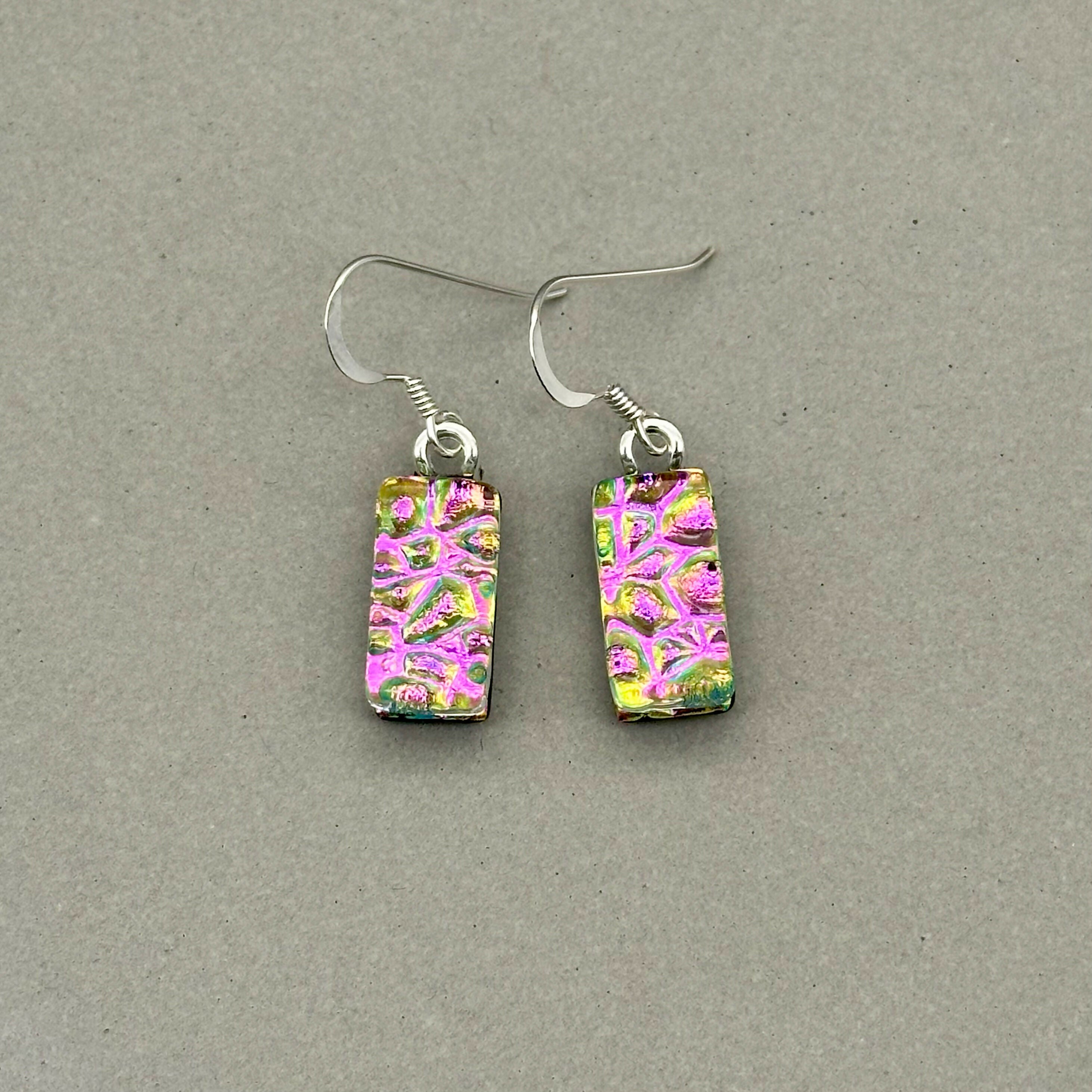 Pink Raindrop Dichroic Fused Glass Dangle Sterling Silver Earrings - Handmade by Jade Tapson Glass.
