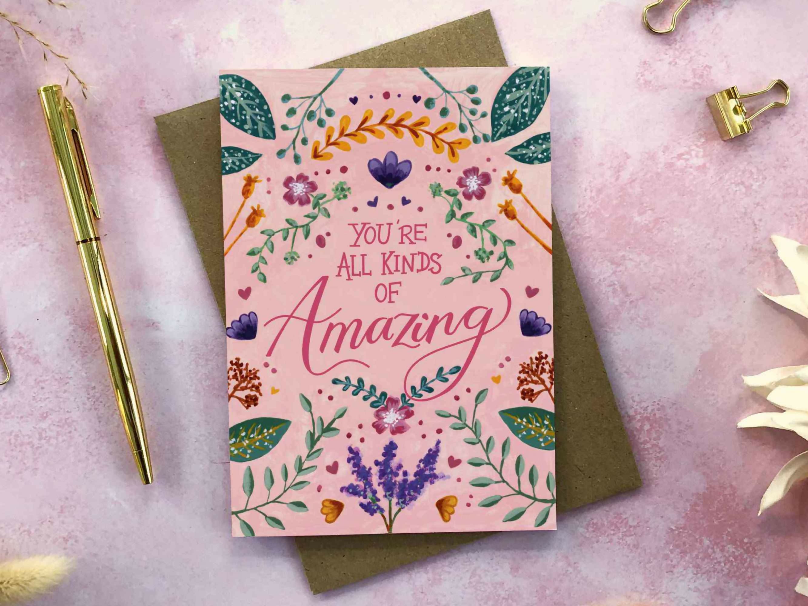 Pink Floral Positivity A6 Greeting Card