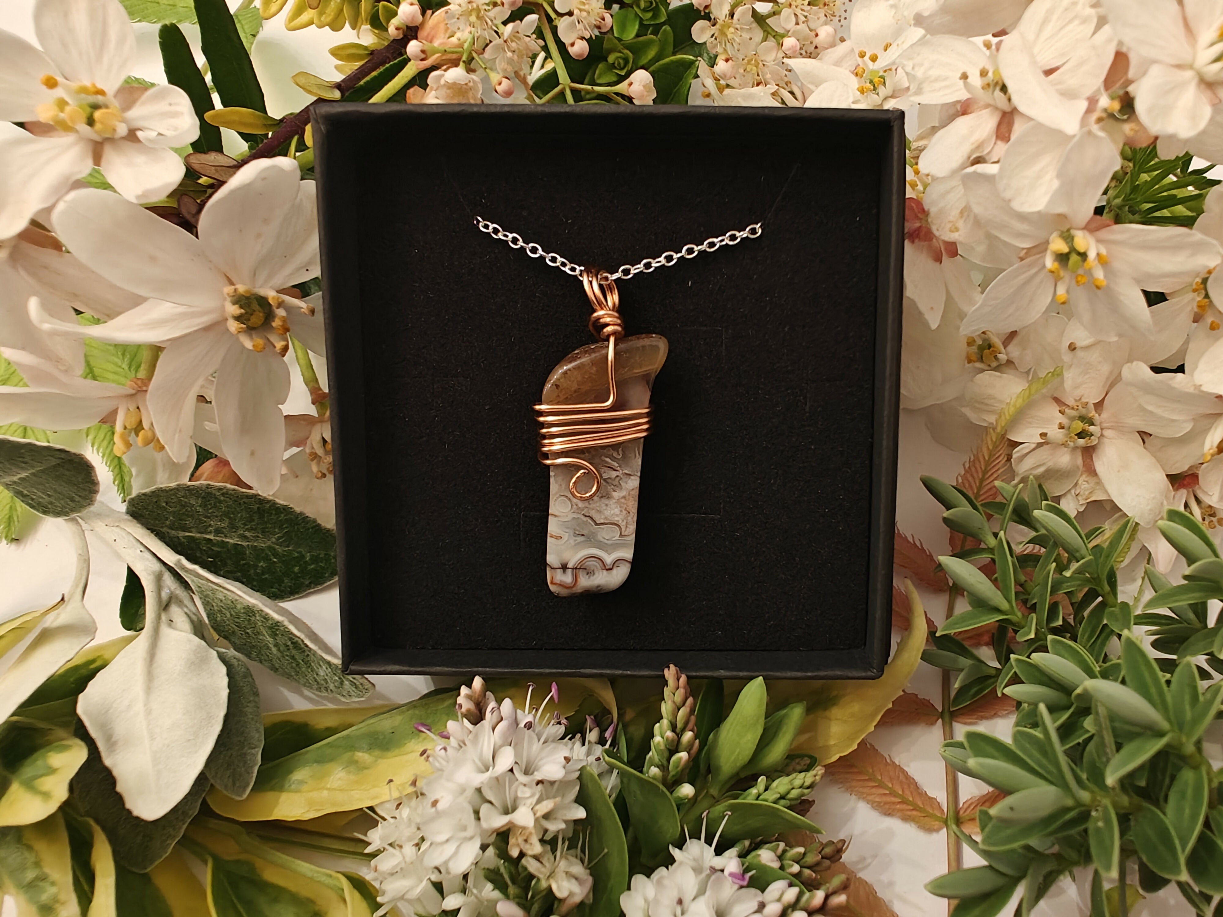 Jasper Wire Wrapped Crystal Necklace on Sterling Silver Chain