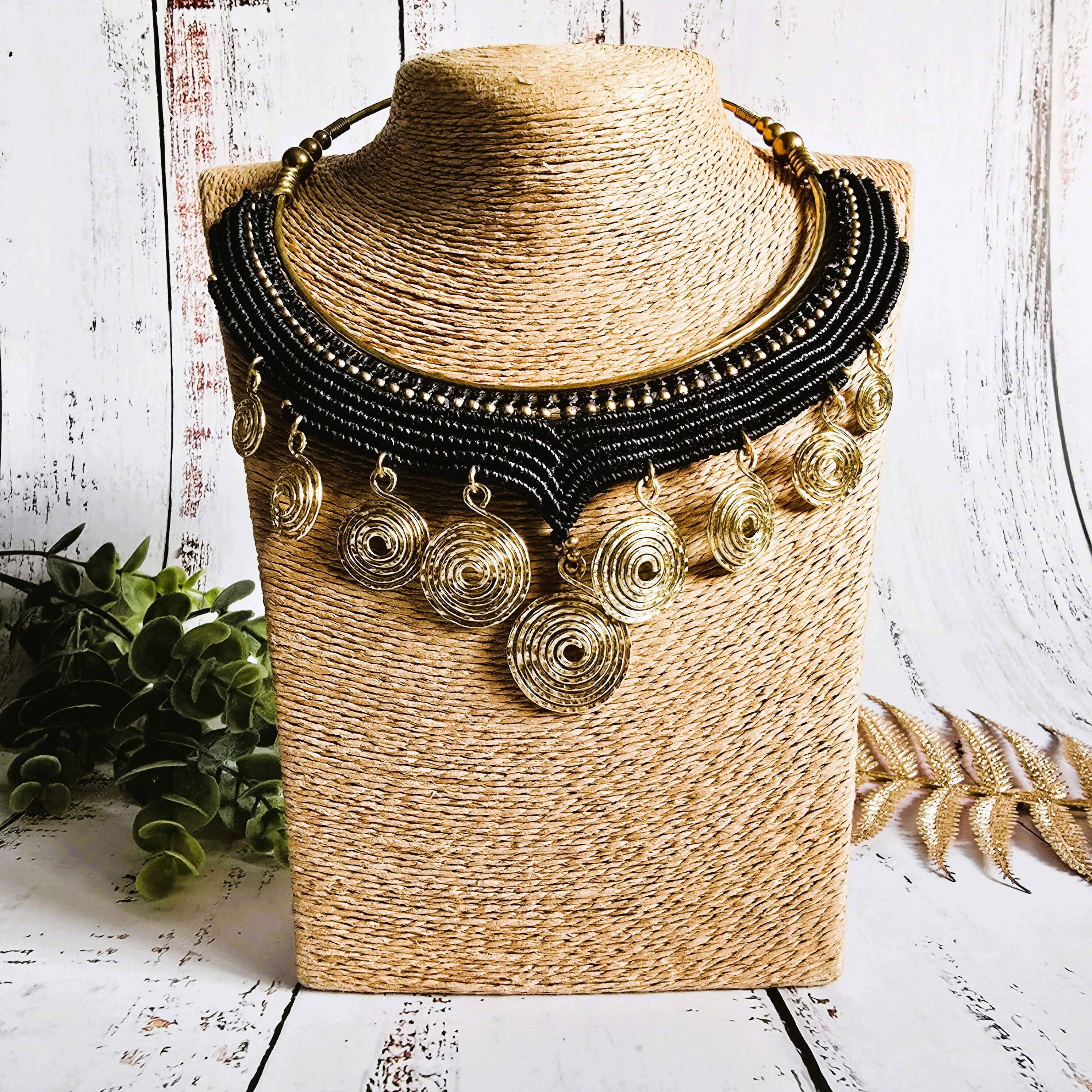 Black Macrame & Gold Brass Wire Spiral Choker; Egyptian Queen Tribal Statement Thai Jewellery