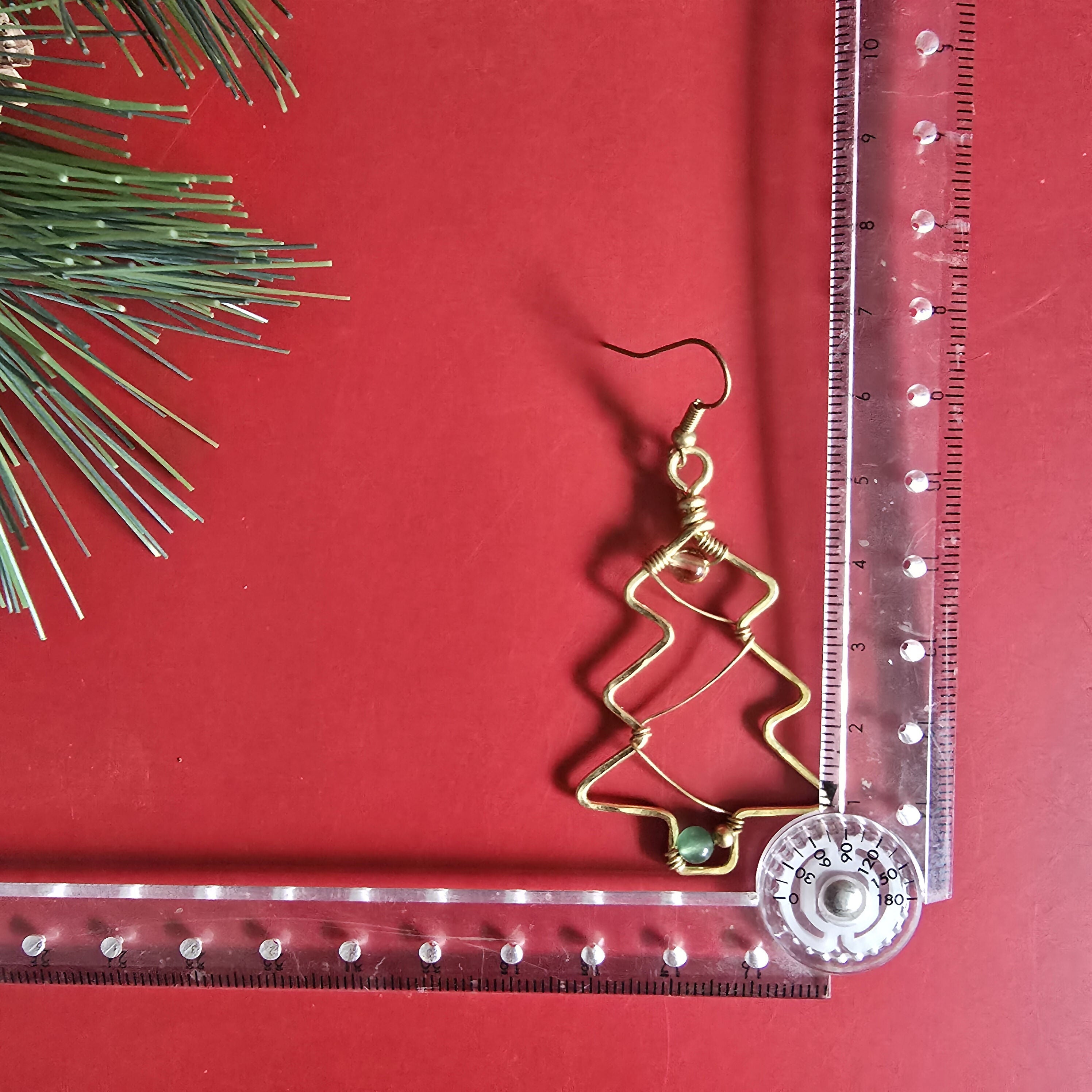 Christmas Tree Brass Wire Earrings; Jade Citrine Crystal Gold Handmade Festive Earrings