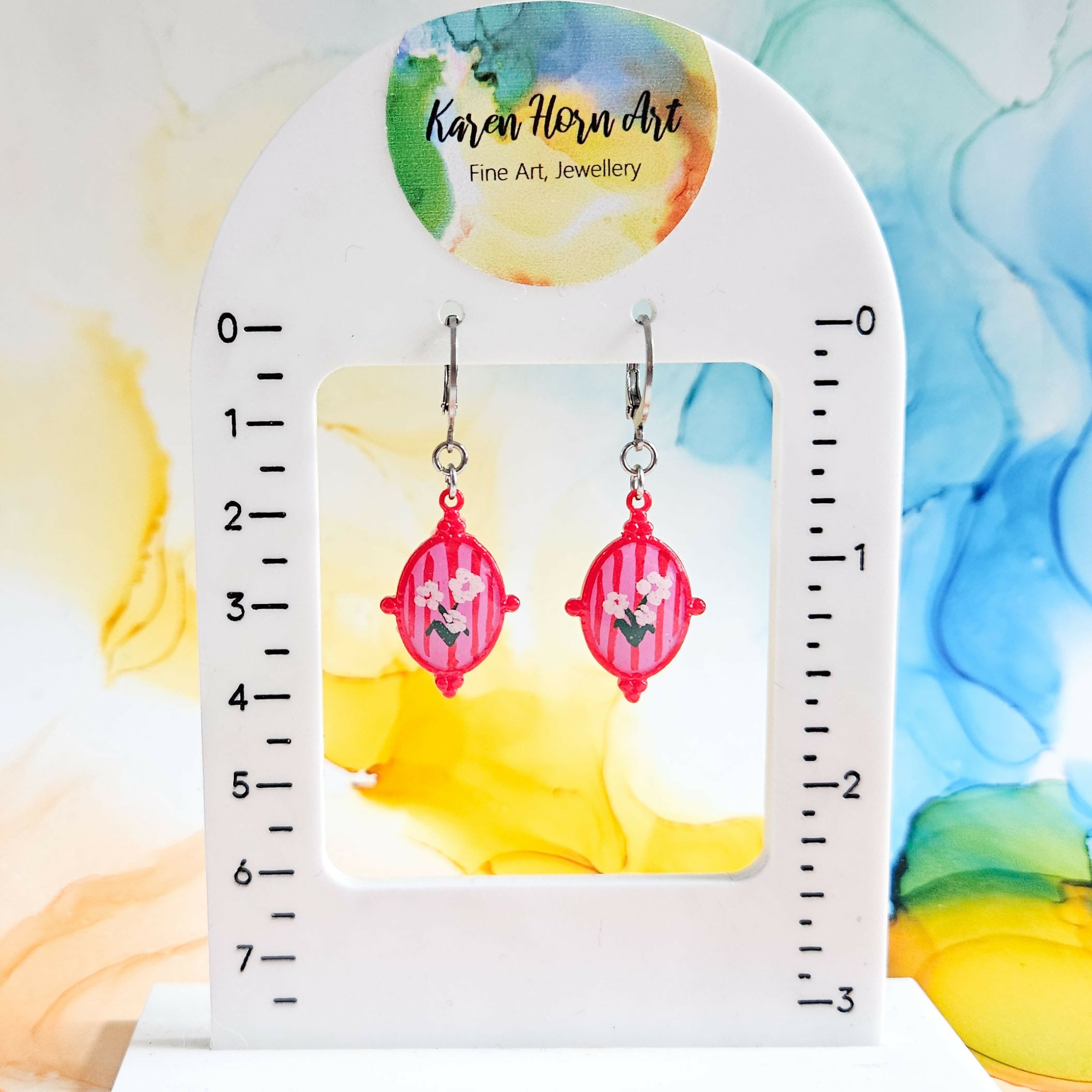 Handmade Resin Frame With Hand Painted Flowers Huggie Hoops Earrings