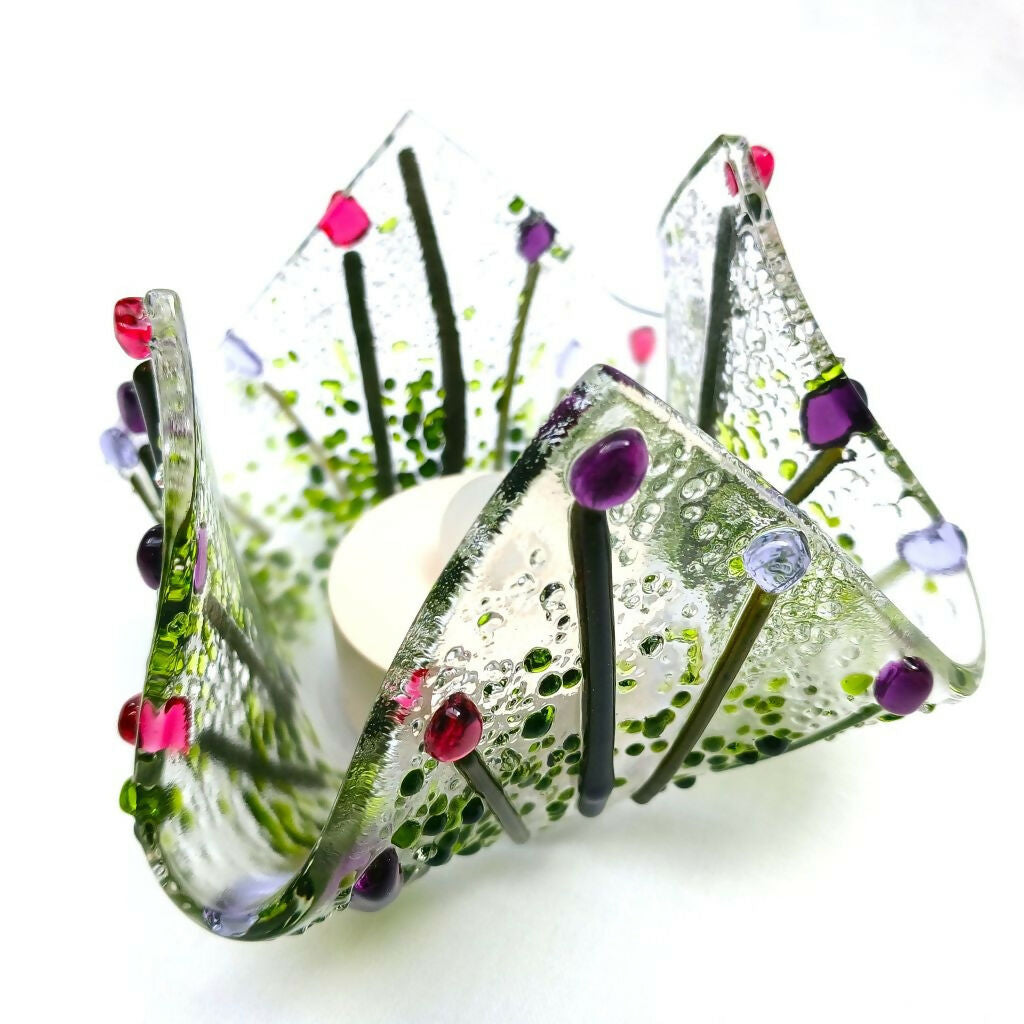 Handmade Handkerchief Tea Light Holder With Pink & Purple Flowers