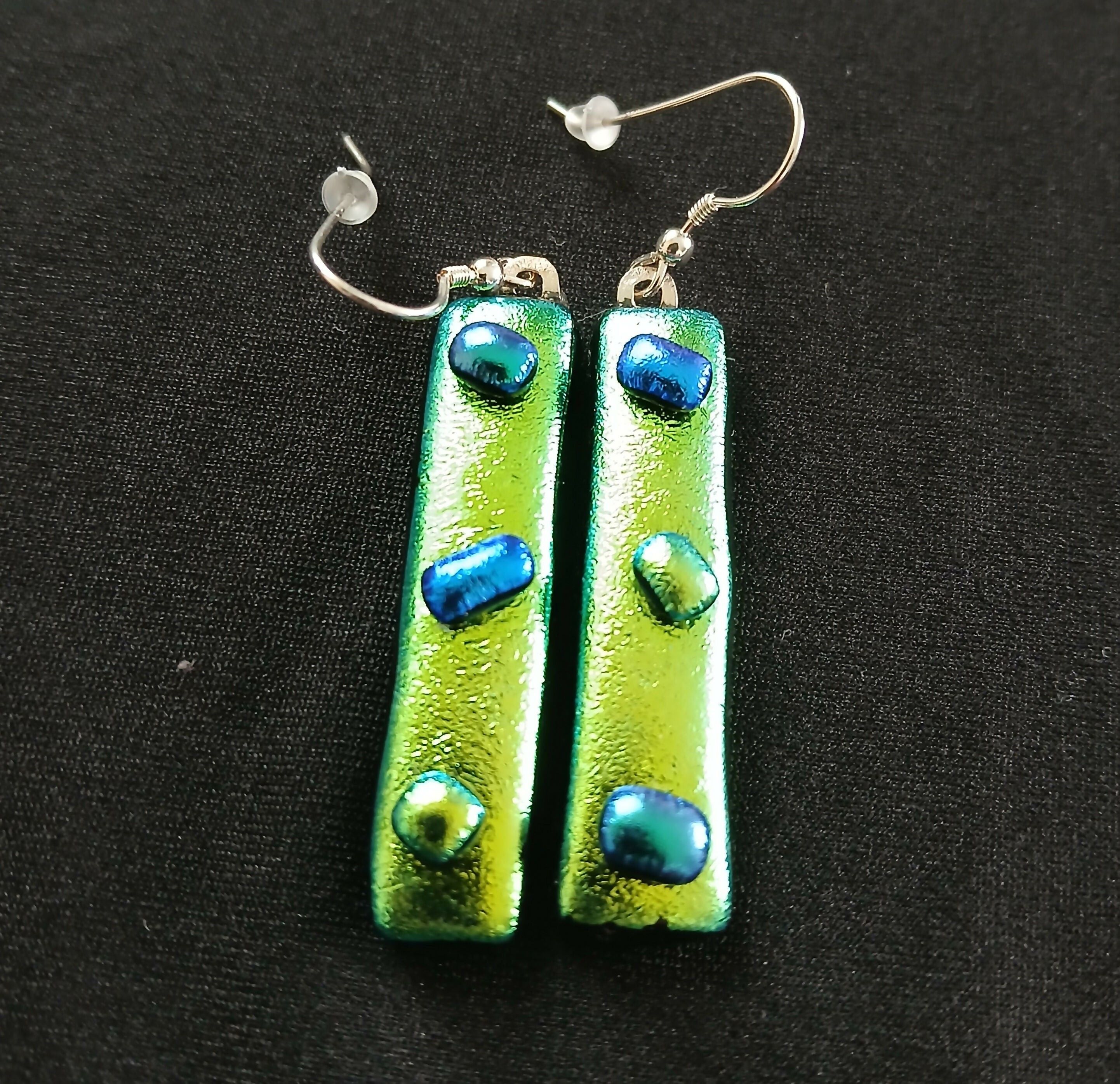 Fused Dichroic Glass Earrings in Yellow and Green With Sterling Silver Hooks
