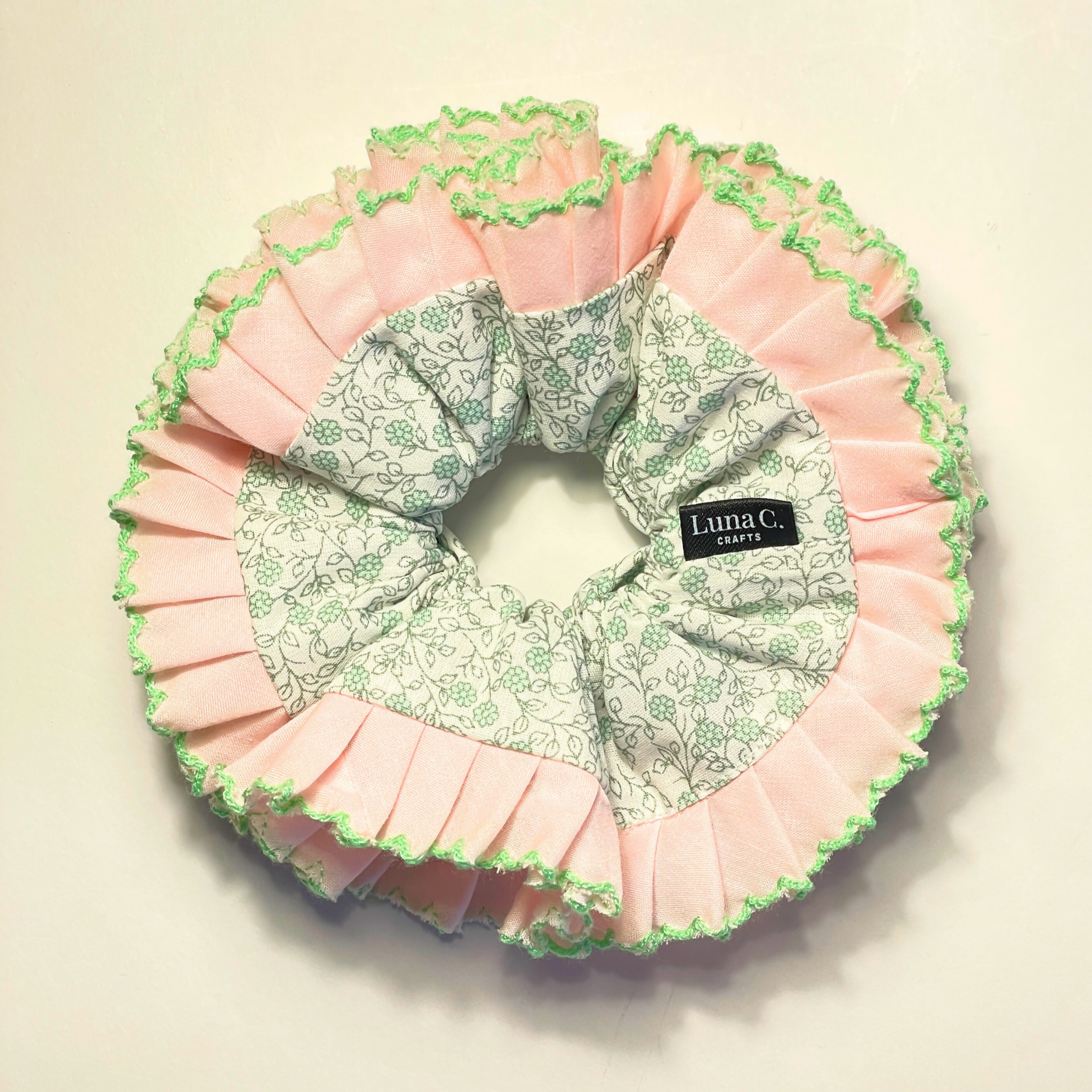 Light Green Floral with Light Pink Ruffles Double Layer Scrunchie