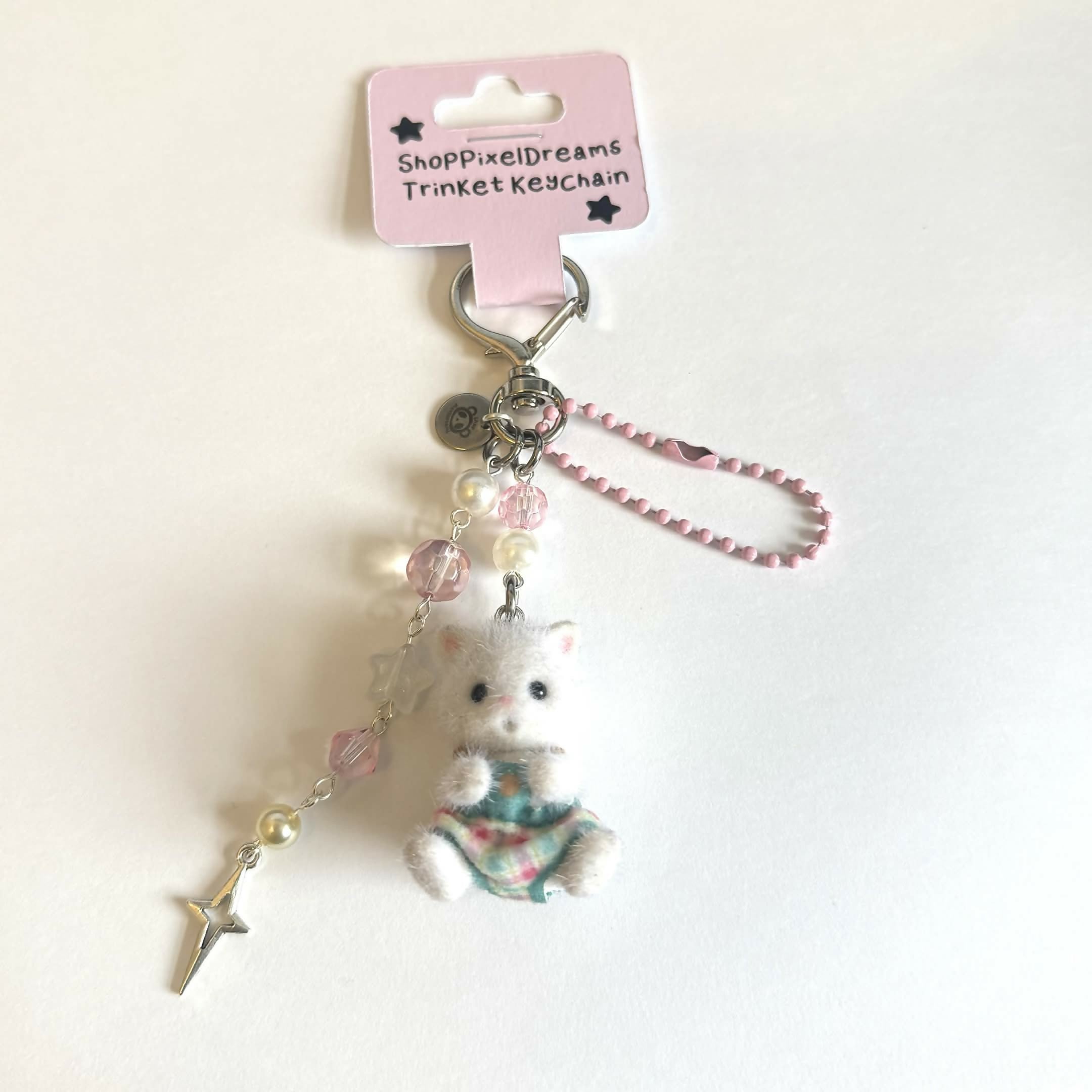 Baby White Fluffy Cat Pink Themed Trinket Keychain