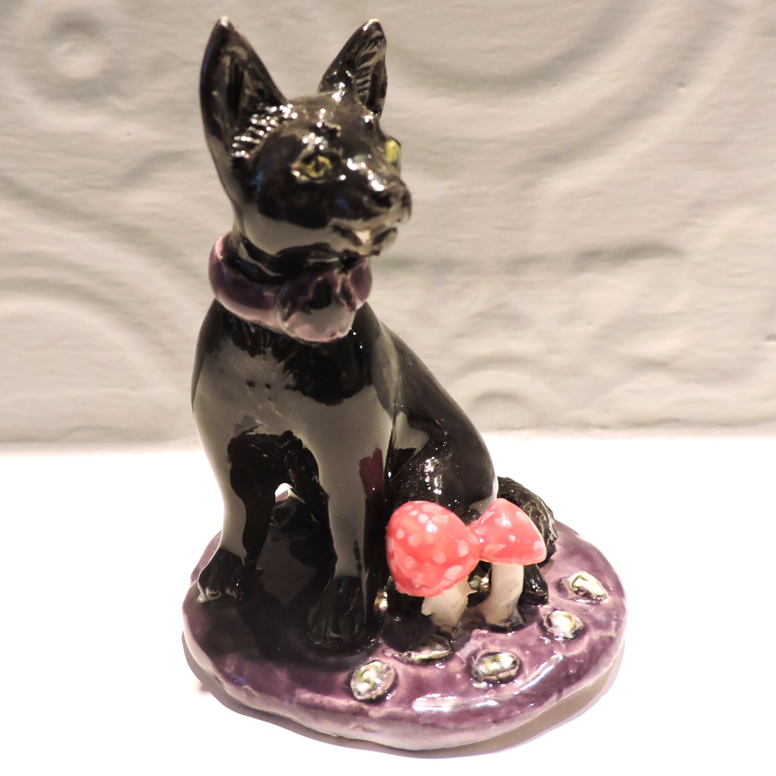 Ceramic Witches cat with mushrooms sculpture