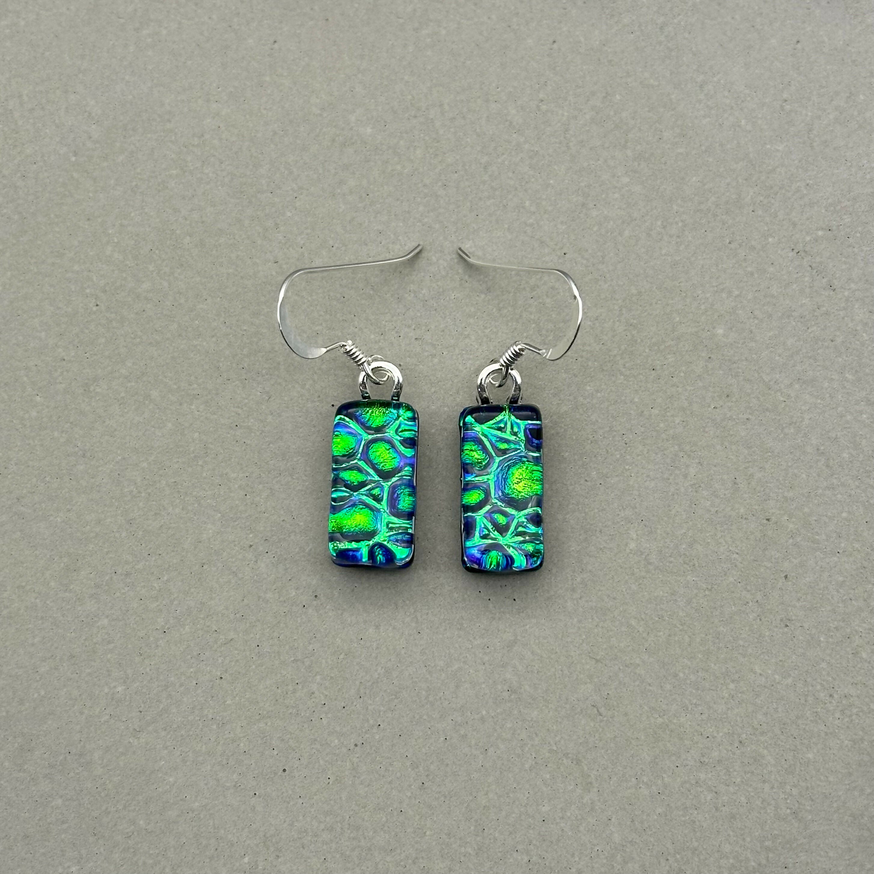 Emerald Green Raindrop Dichroic Fused Glass Dangle Sterling Silver Earrings - Handmade by Jade Tapson Glass.